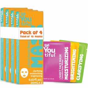 BeYoutiful Hydrating Face Mask Spa Set for Kids & Teens – Facial Masks for All Skin Types, Boys & Girls – Great for Parties, Sleepovers & Gifts – 4-Pack, 3 Masks per Box