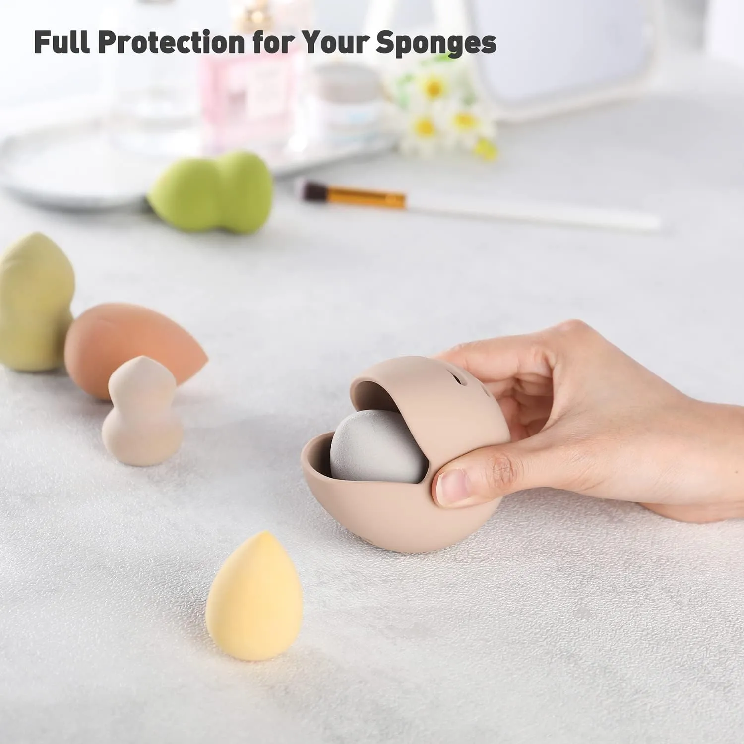 BEZOX Makeup Sponge Holder (Pack of 2), Breathable Silicone Beauty Sponge Case for Travel, Cute Make Up Blender Container - Khaki Black