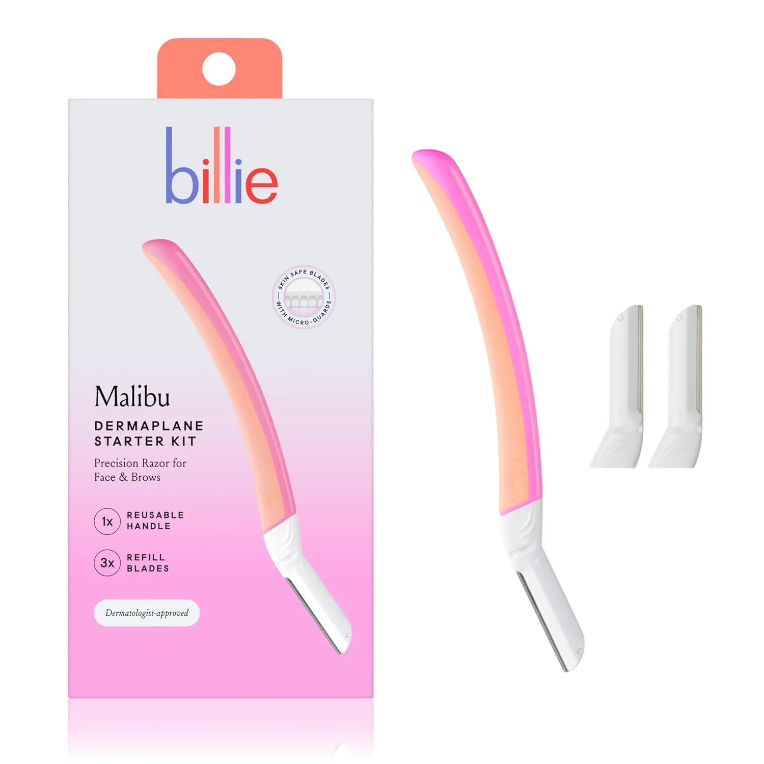 Billie - Dermaplane Starter Kit - Reusable Handle   3 Refill Blades - Remove Facial Hair   Perfectly Shape Brows - Dermatologist-Approved - Malibu