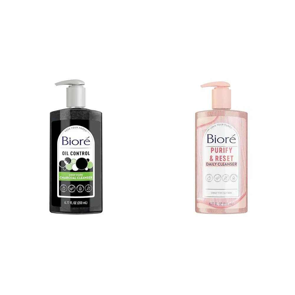 Bioré Deep Pore Charcoal Face Wash, Facial Cleanser for Dirt and Makeup Removal From Oily Skin, 6.77 Ounce & Rose Quartz   Charcoal Daily Purifying Cleanser, Oil Free Facial Cleanser Energizes Skin