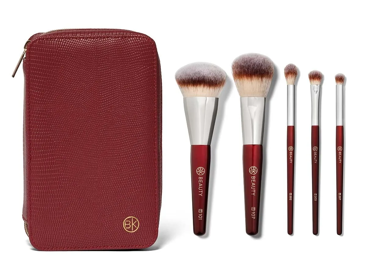 BK BEAUTY Travel Brush Set with Pouch 5-Piece Vegan, Cruelty-Free Brushes for Face & Eyes | Lightweight, Durable Makeup Brushes in Vegan Leather Pouch Perfect Travel-Size Makeup Brush Set