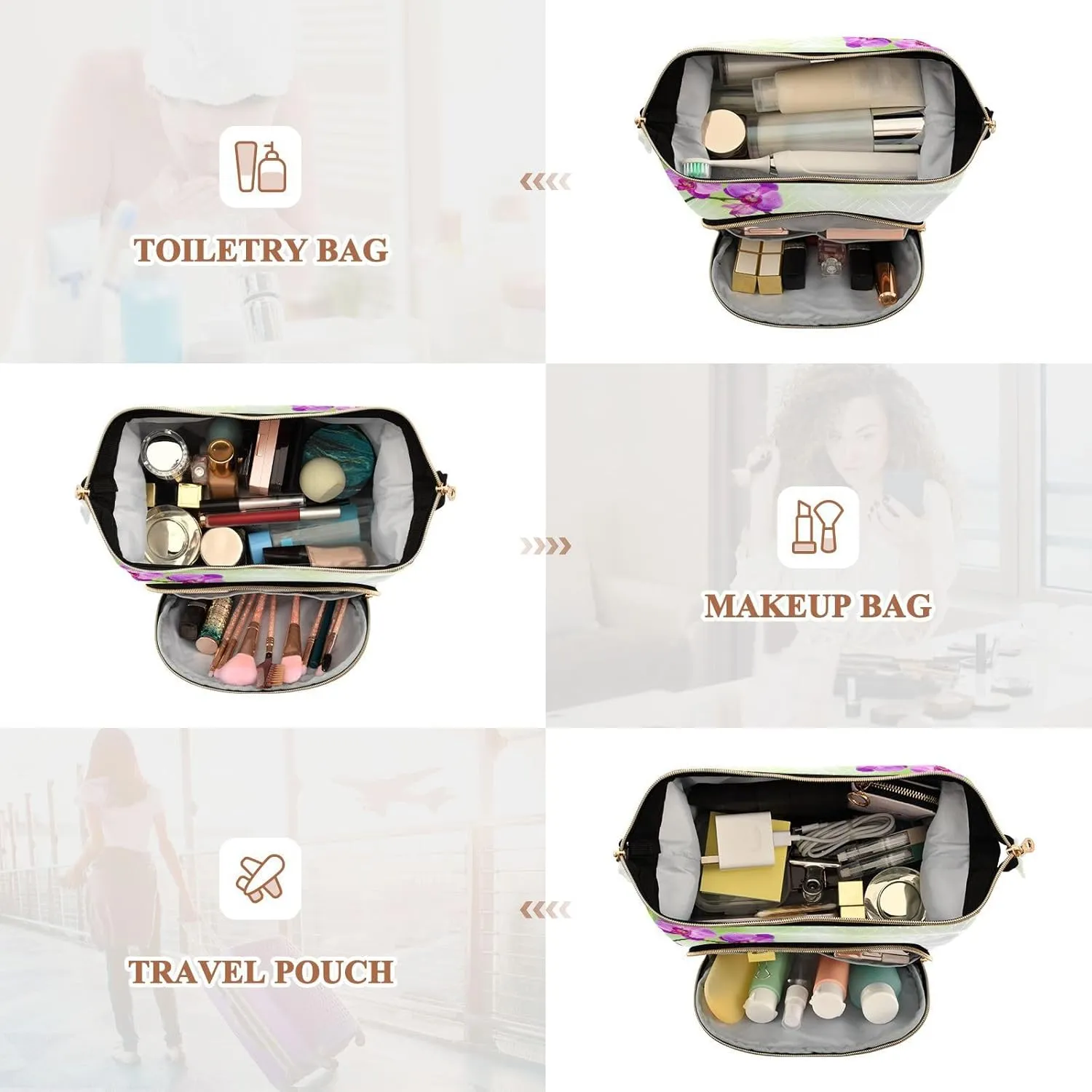 Black Spa Zen Stone Green Purple Orchids Flowers Women Cosmetic Bag Makeup Bag Stylish Trip Beauty Bag Travel Toiletry Bag with Bottle Organizer 10.2 x 5.9 x 6.7 inch