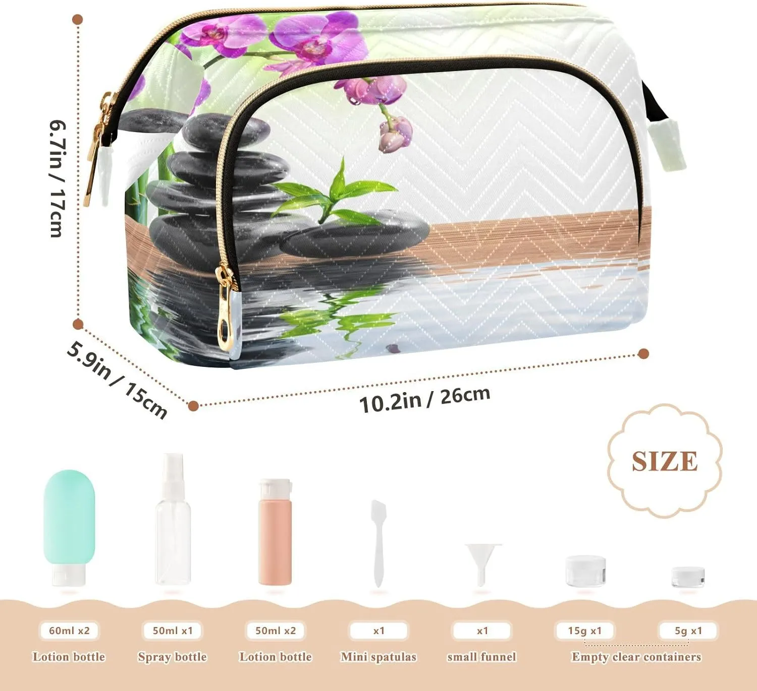 Black Spa Zen Stone Green Purple Orchids Flowers Women Cosmetic Bag Makeup Bag Stylish Trip Beauty Bag Travel Toiletry Bag with Bottle Organizer 10.2 x 5.9 x 6.7 inch