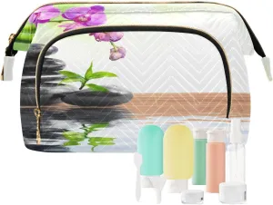 Black Spa Zen Stone Green Purple Orchids Flowers Women Cosmetic Bag Makeup Bag Stylish Trip Beauty Bag Travel Toiletry Bag with Bottle Organizer 10.2 x 5.9 x 6.7 inch