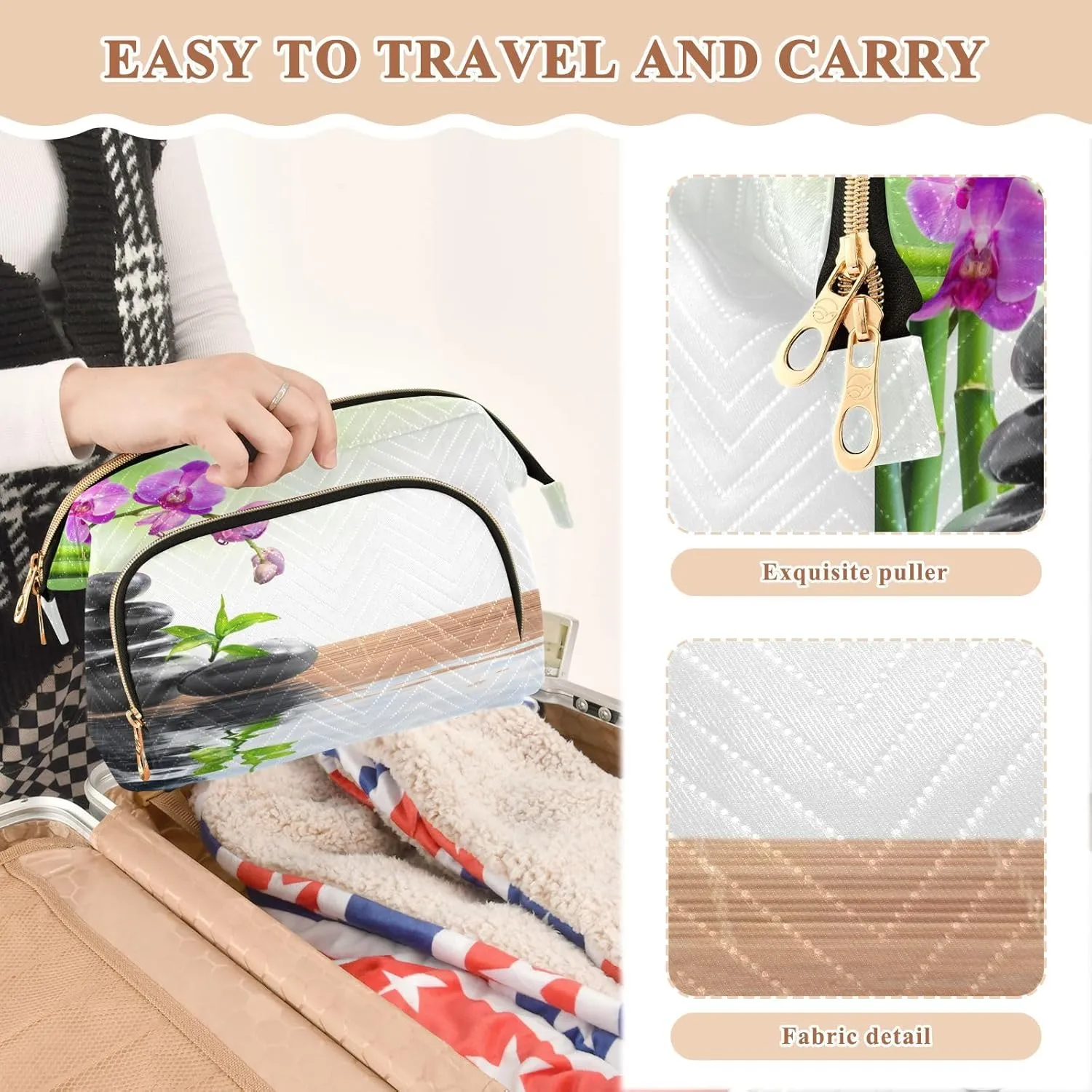 Black Spa Zen Stone Green Purple Orchids Flowers Women Cosmetic Bag Makeup Bag Stylish Trip Beauty Bag Travel Toiletry Bag with Bottle Organizer 10.2 x 5.9 x 6.7 inch