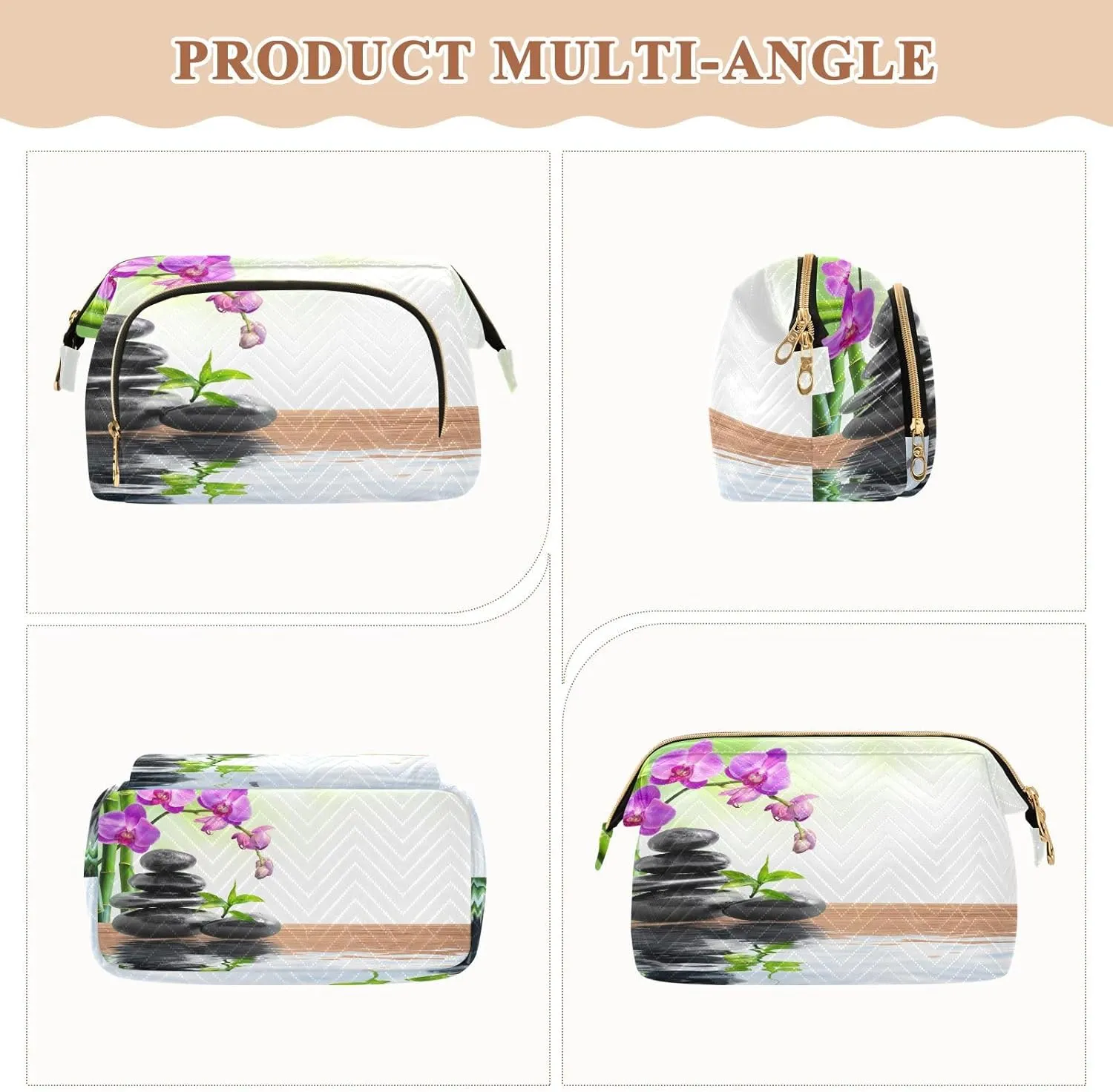 Black Spa Zen Stone Green Purple Orchids Flowers Women Cosmetic Bag Makeup Bag Stylish Trip Beauty Bag Travel Toiletry Bag with Bottle Organizer 10.2 x 5.9 x 6.7 inch