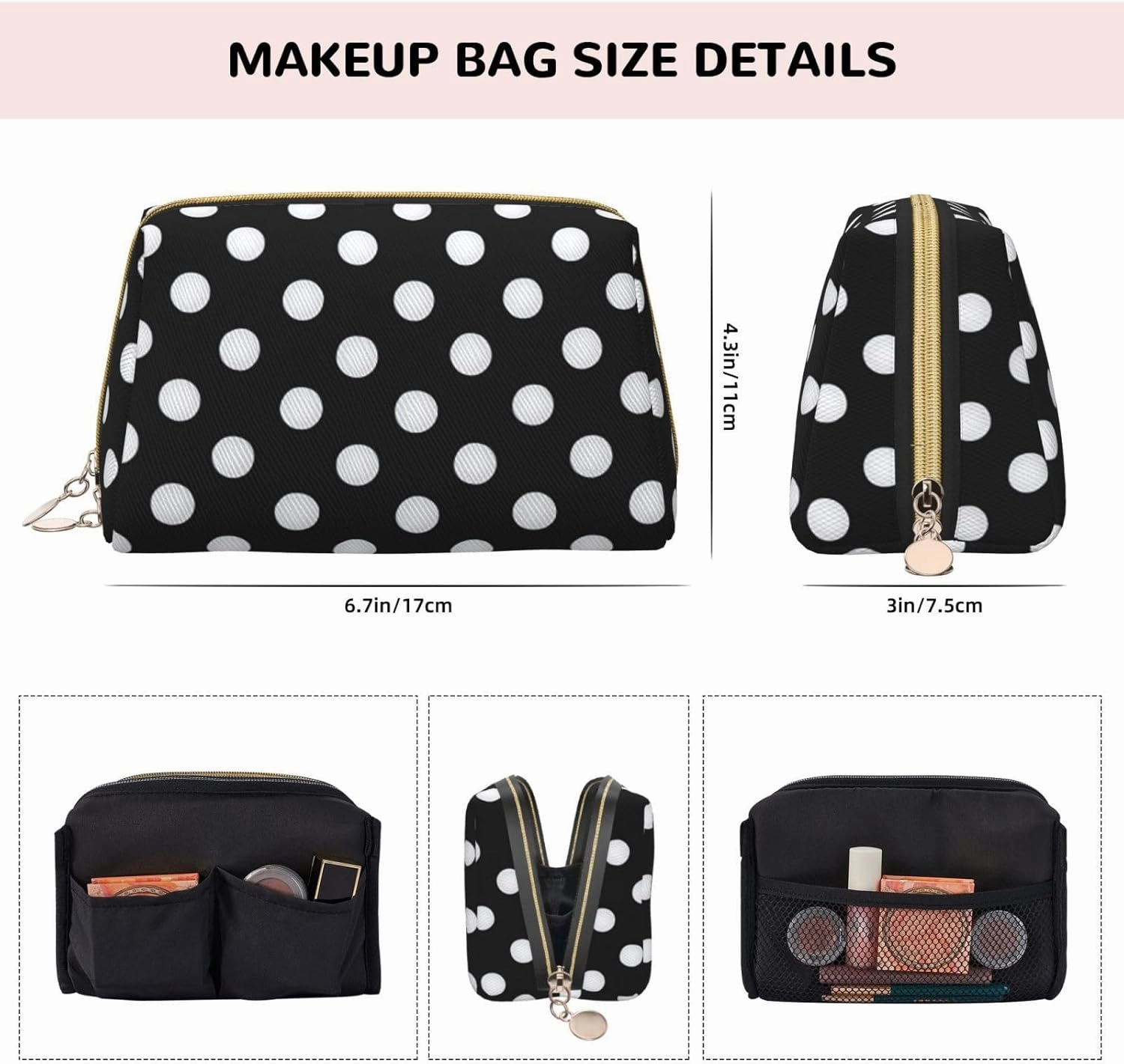 Black & White Big Dot Toiletry Pouch, Travel-Friendly Makeup Organizer For Makeup Brushes, Lipsticks