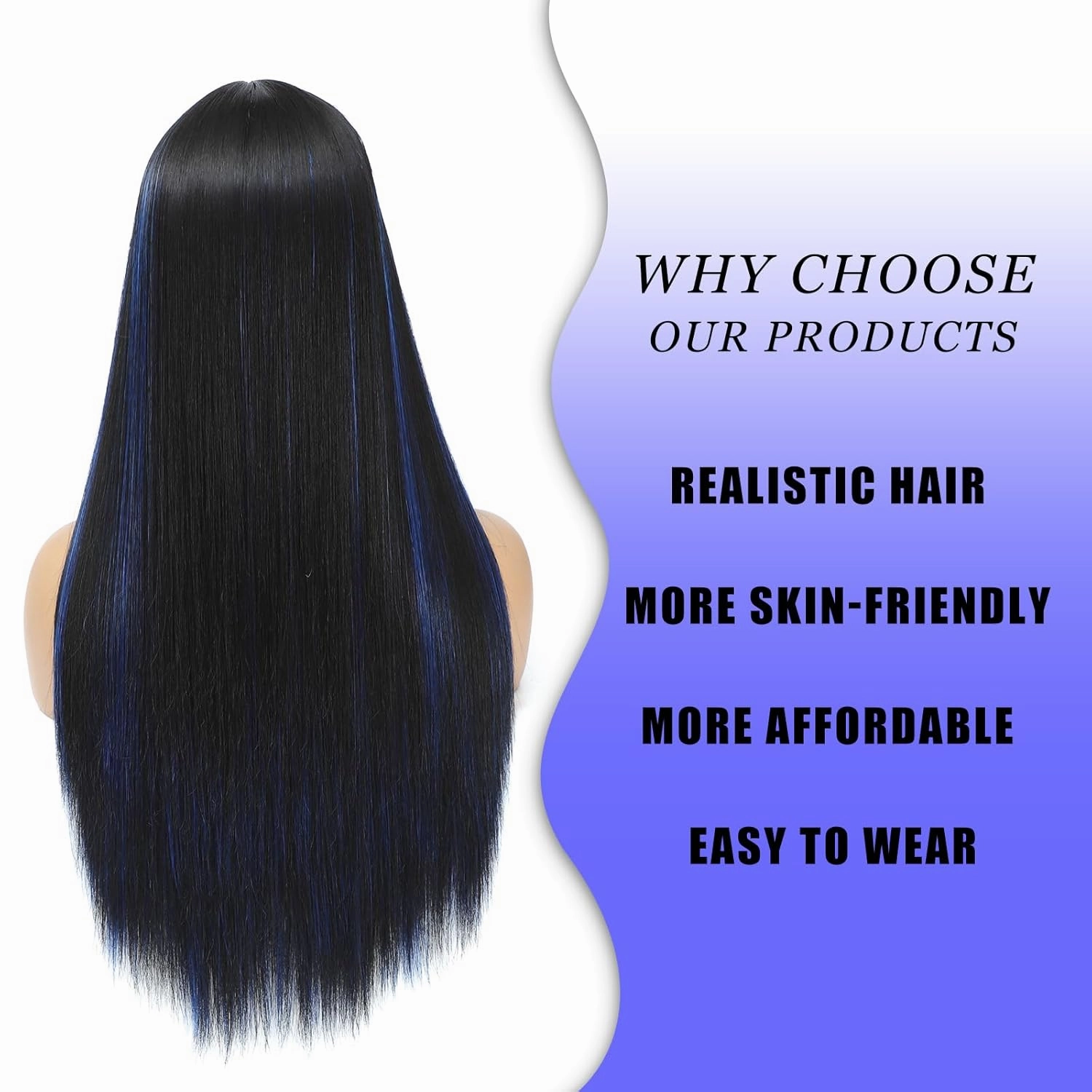 Black Mix Blue Wig With Bangs Long Wigs For Women, Silky Soft Synthetic Fiber Wigs Hair For Daily Party Cosplay (24 Inch Black Mix Blue)