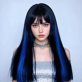 Black Mix Blue Wig With Bangs Long Wigs For Women, Silky Soft Synthetic Fiber Wigs Hair For Daily Party Cosplay (24 Inch Black Mix Blue)