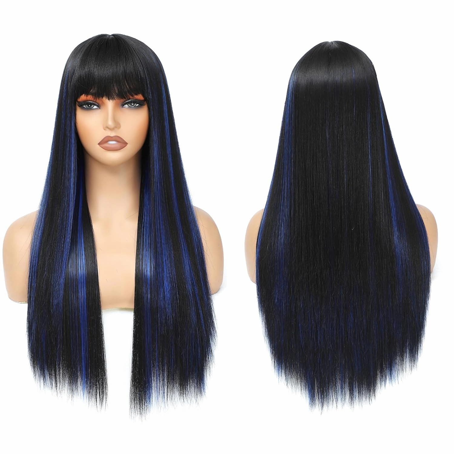 Black Mix Blue Wig With Bangs Long Wigs For Women, Silky Soft Synthetic Fiber Wigs Hair For Daily Party Cosplay (24 Inch Black Mix Blue)