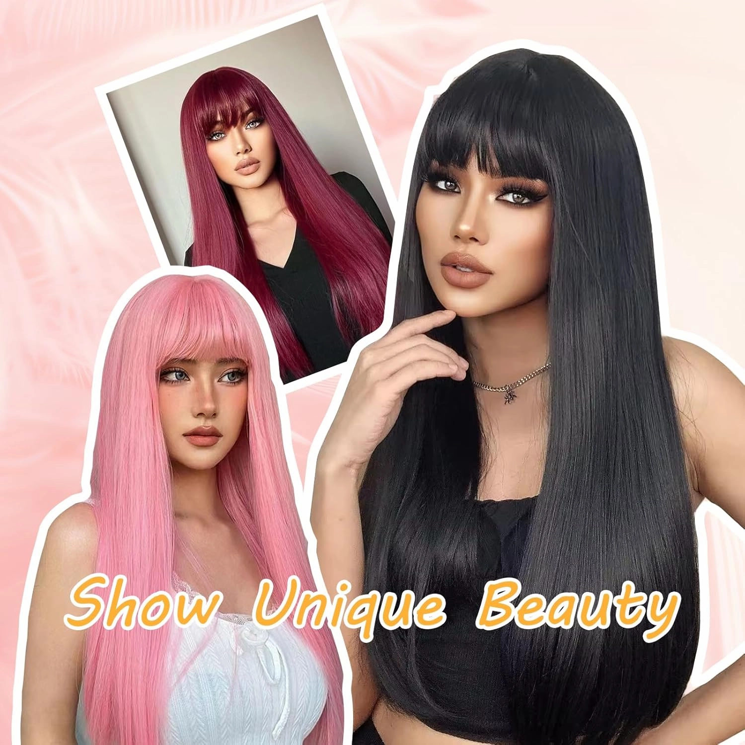 Black Mix Blue Wig With Bangs Long Wigs For Women, Silky Soft Synthetic Fiber Wigs Hair For Daily Party Cosplay (24 Inch Black Mix Blue)