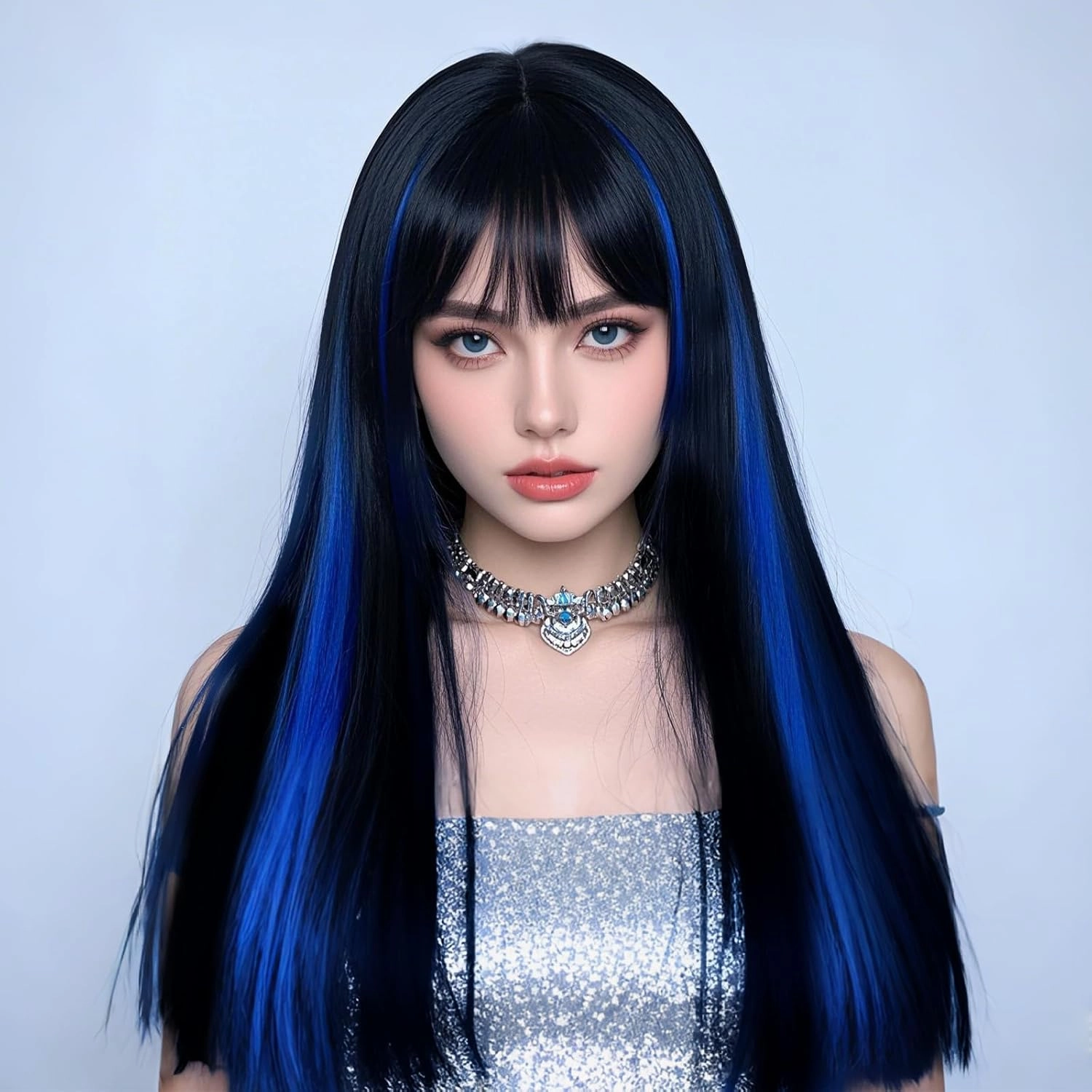 Black Mix Blue Wig With Bangs Long Wigs For Women, Silky Soft Synthetic Fiber Wigs Hair For Daily Party Cosplay (24 Inch Black Mix Blue)