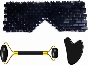 Black Obsidian Eye Mask Natural Jade Roller Guasha Set Eye Massager Jade Stone Facial Massager,Eye Mask No Box