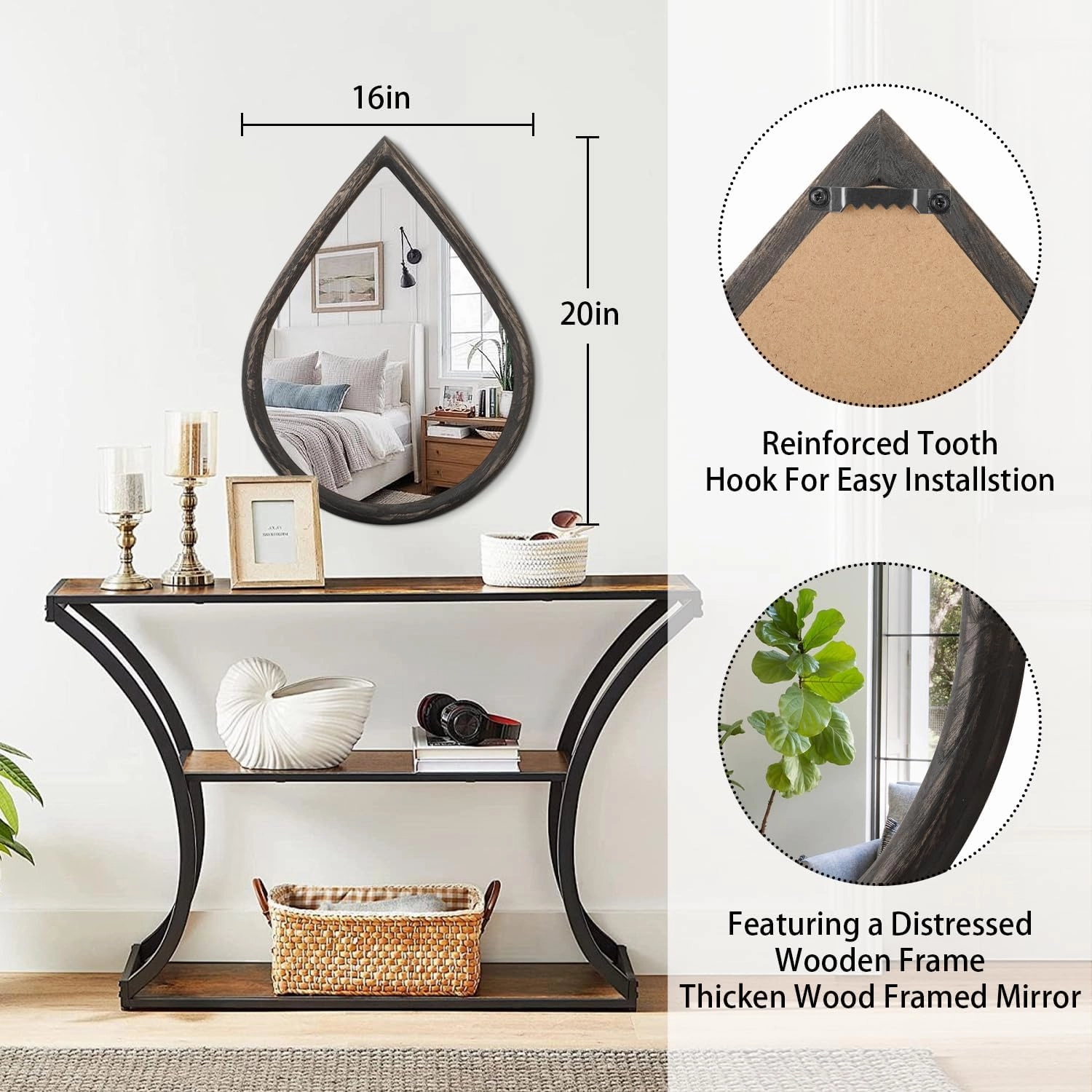 Black Teardrop Hanging Mirror Rustic Wall Mirror Farmhouse Decorative Wall-Mounted Mirrors for Bathroom Living Room Vanity Entryway Hallway 16x20 Inches