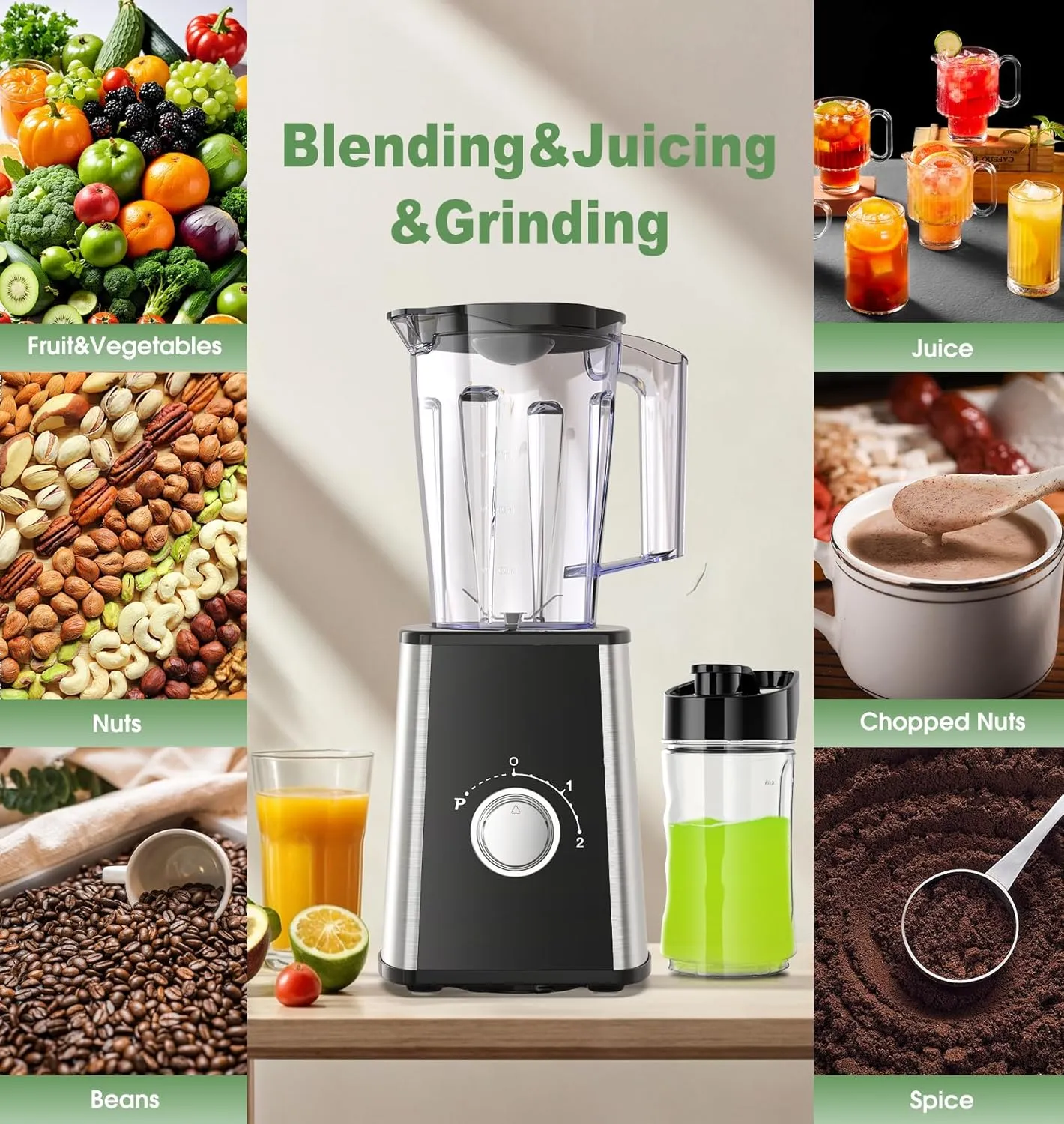 Blenders for Smoothies, Smoothie Blender, Personal Smoothies and Shakes Maker, with Coffee Grinder and 2 To-Go Cups, Countertop Blender for Kitchen, BPA Free