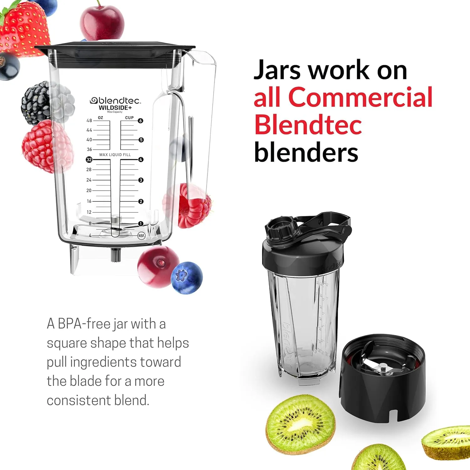 Blendtec 90 oz WildSide Jar, Commercial Grade - Five-Sided Replacement Blender Jar - Compatible with Blendtec Blenders - 36 oz Blending Capacity - Clear