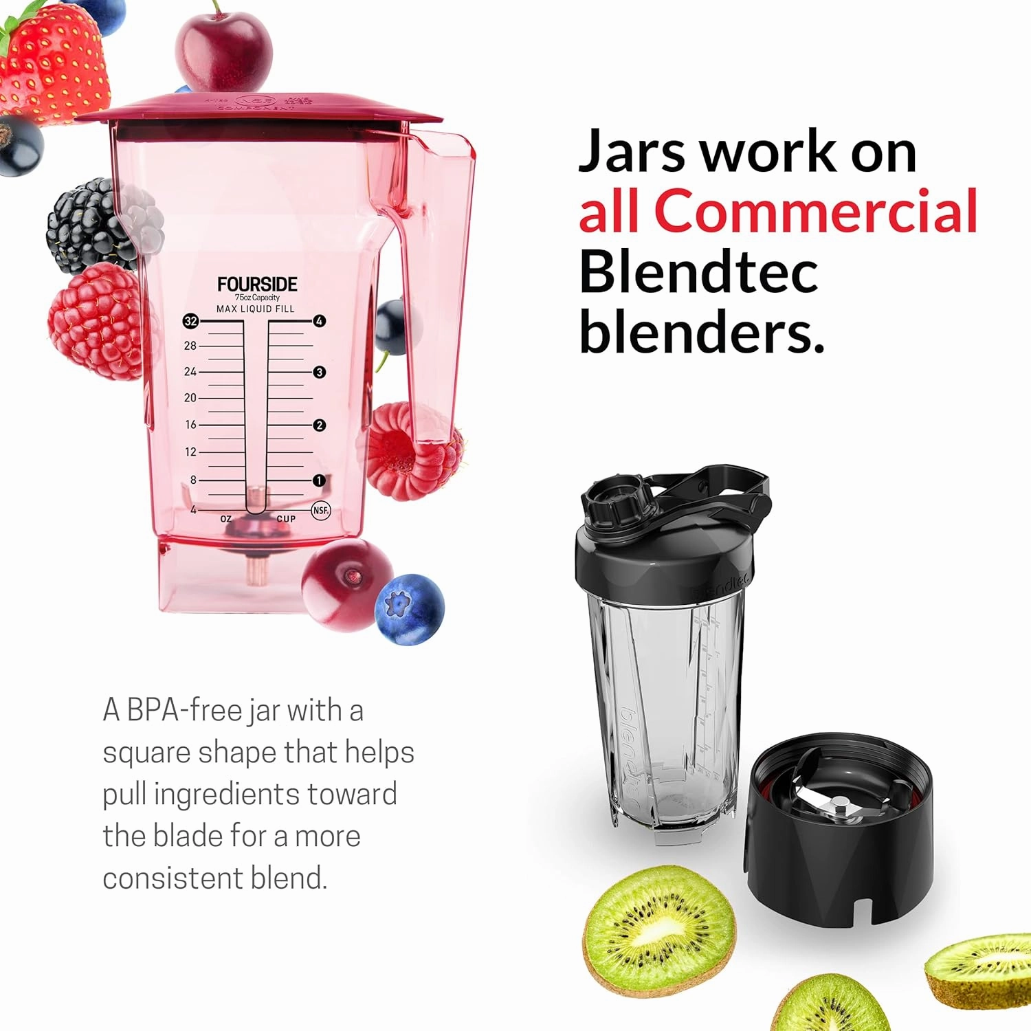 Blendtec 75 oz FourSide Commercial Jar - Four-Sided Replacement Blender Jar - Compatible with Most Blendtec Blenders - 32 oz Blending Capacity - Red