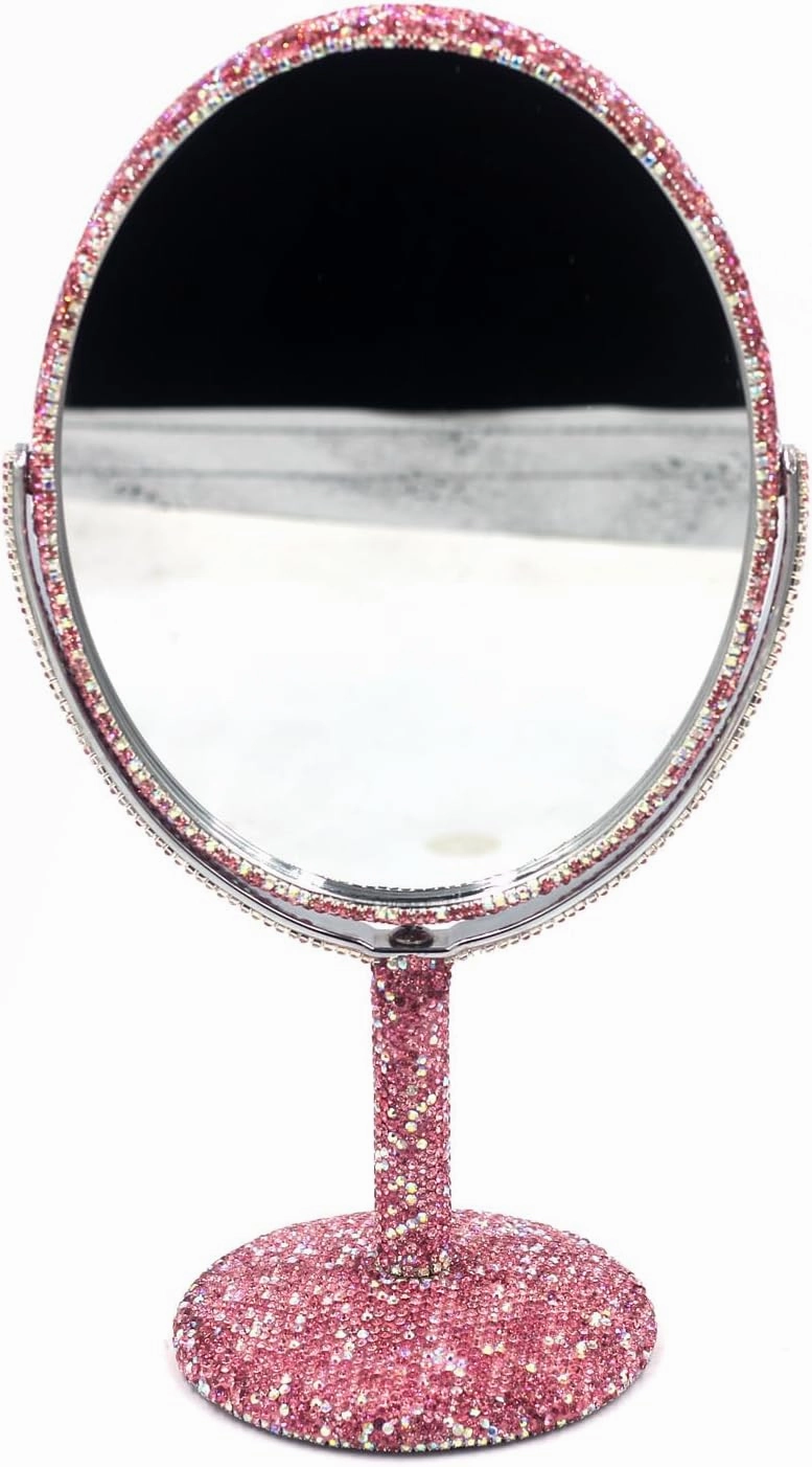 Bling Bling 6-Inch Double-Sided Tabletop Makeup Mirror, Oval Metal Makeup Mirror with 1:2 Magnifying Mirror, Rotating Mirror for Vanity (Pink)