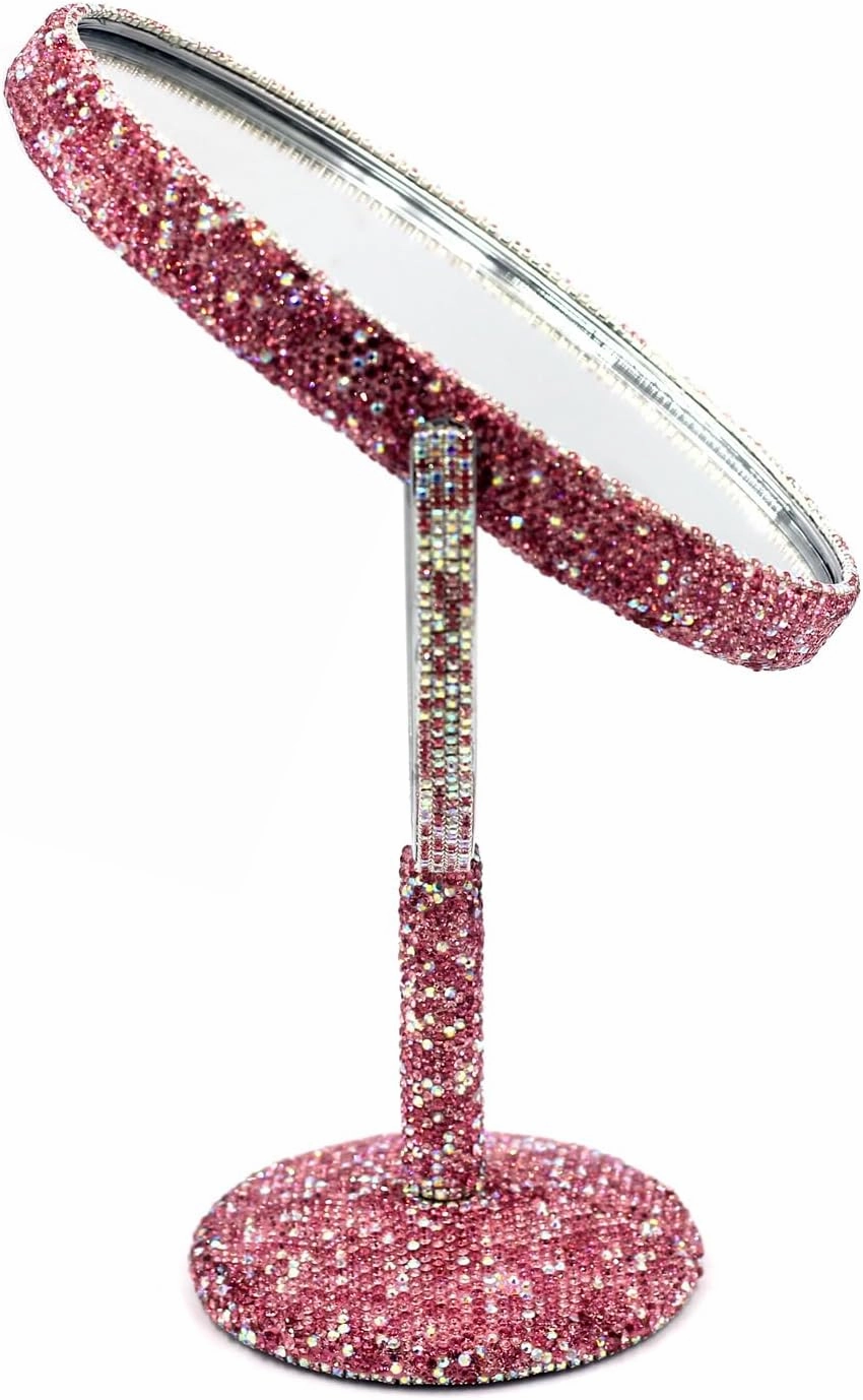 Bling Bling 6-Inch Double-Sided Tabletop Makeup Mirror, Oval Metal Makeup Mirror with 1:2 Magnifying Mirror, Rotating Mirror for Vanity (Pink)