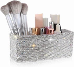 Bling Desk Organizer For Women: Makeup Organizer, Makeup Brush Case With 3 Compartments Storage Box Vanity Cosmetic Holder for Eyebrow Pencils, Lipsticks (Silver)
