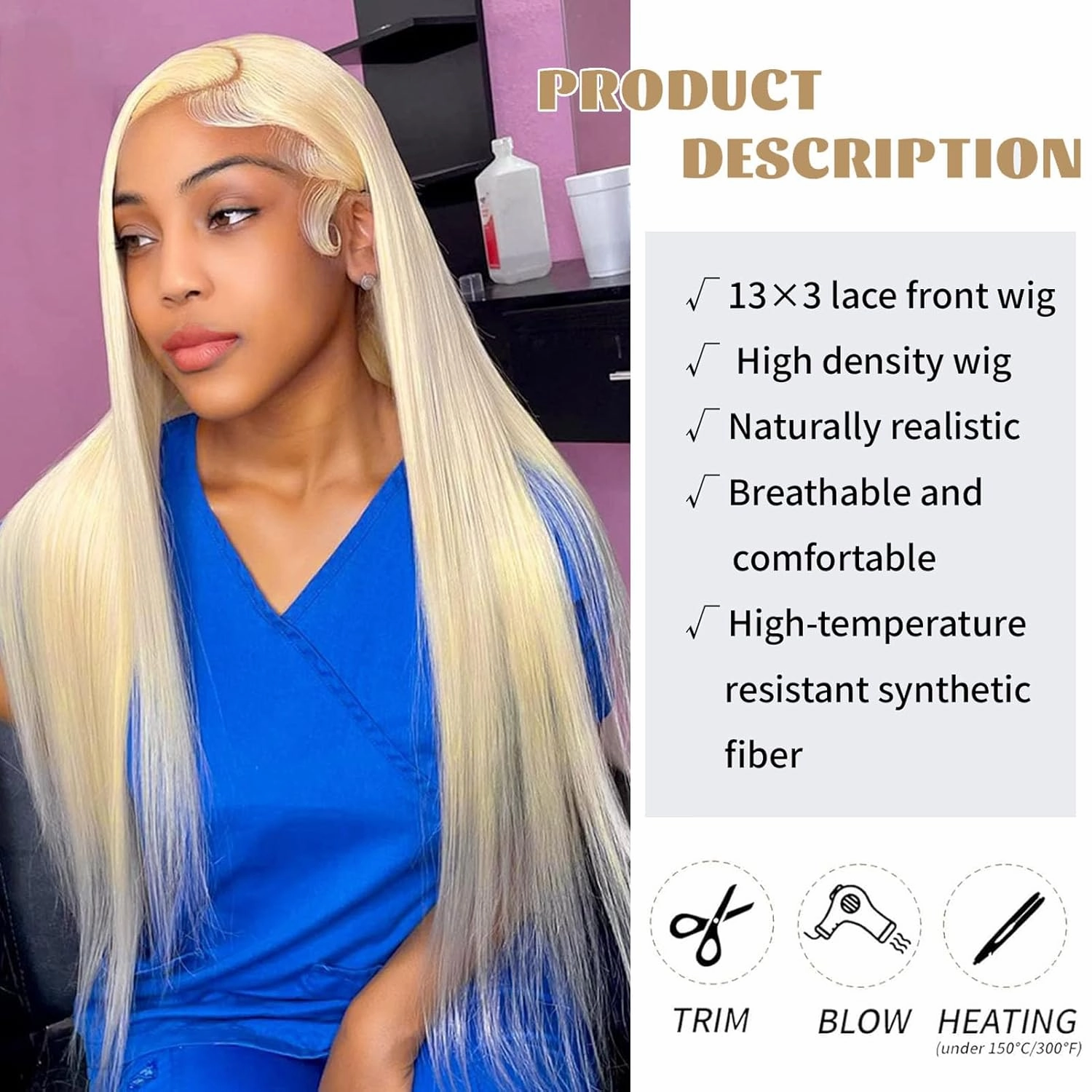 Blonde Lace Front Wig Long Straight Blonde Frontal Wig White Blonde 613 Wigs Natural Hairline Glueless Lace Wigs Heat Resistant Fiber Hair Synthetic Lace Front Wigs for Women Pre Plucked Wig