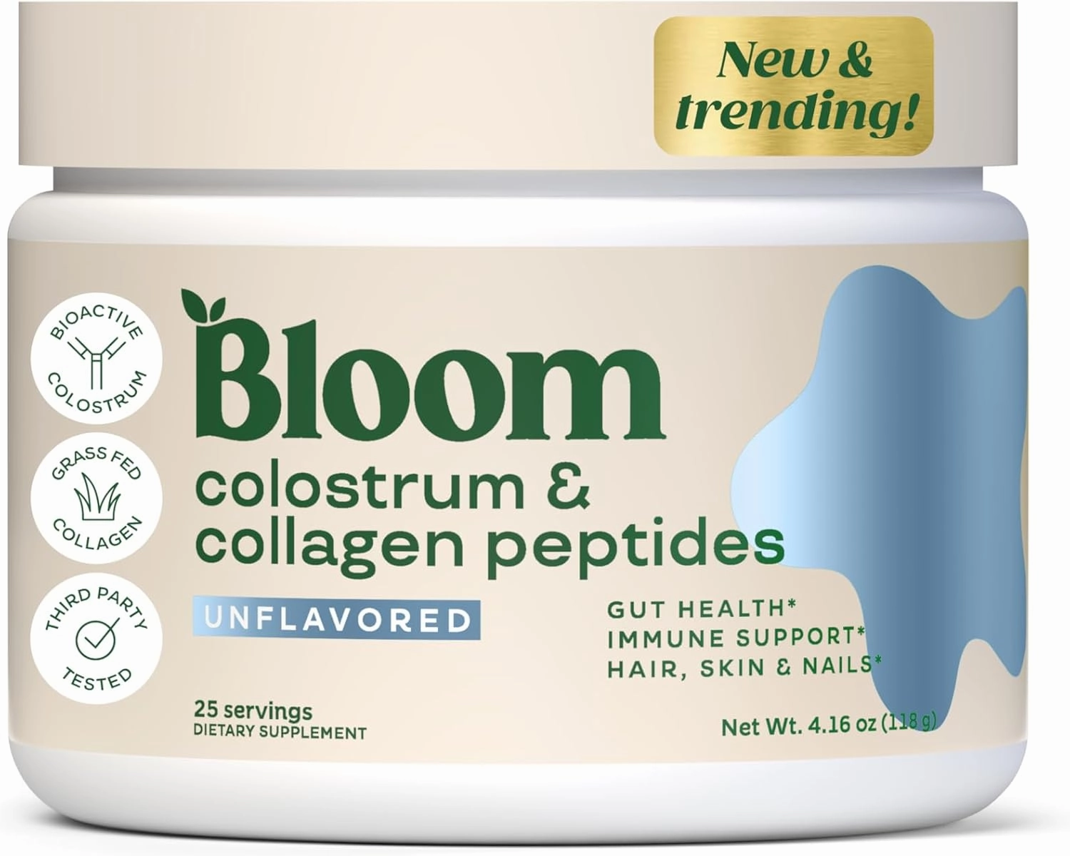 Bloom Nutrition Bovine Colostrum Powder for Gut Health, Immune Support, Hair Growth & Beauty Supplement, Gluten Free, Sugar Free | Unflavored, 25 Servings