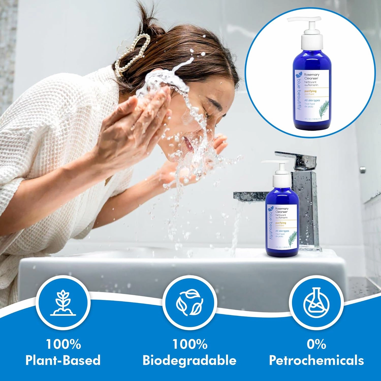 Blue Beautifly Rosemary Deep Pore Cleanser - Removes Dirt, Pollutants, & Makeup - No Sulfates, SLS, PEGs, Toxins, or Synthetics - Plant-based, Hypoallergenic, Dermatologically Tested - 4 fl oz