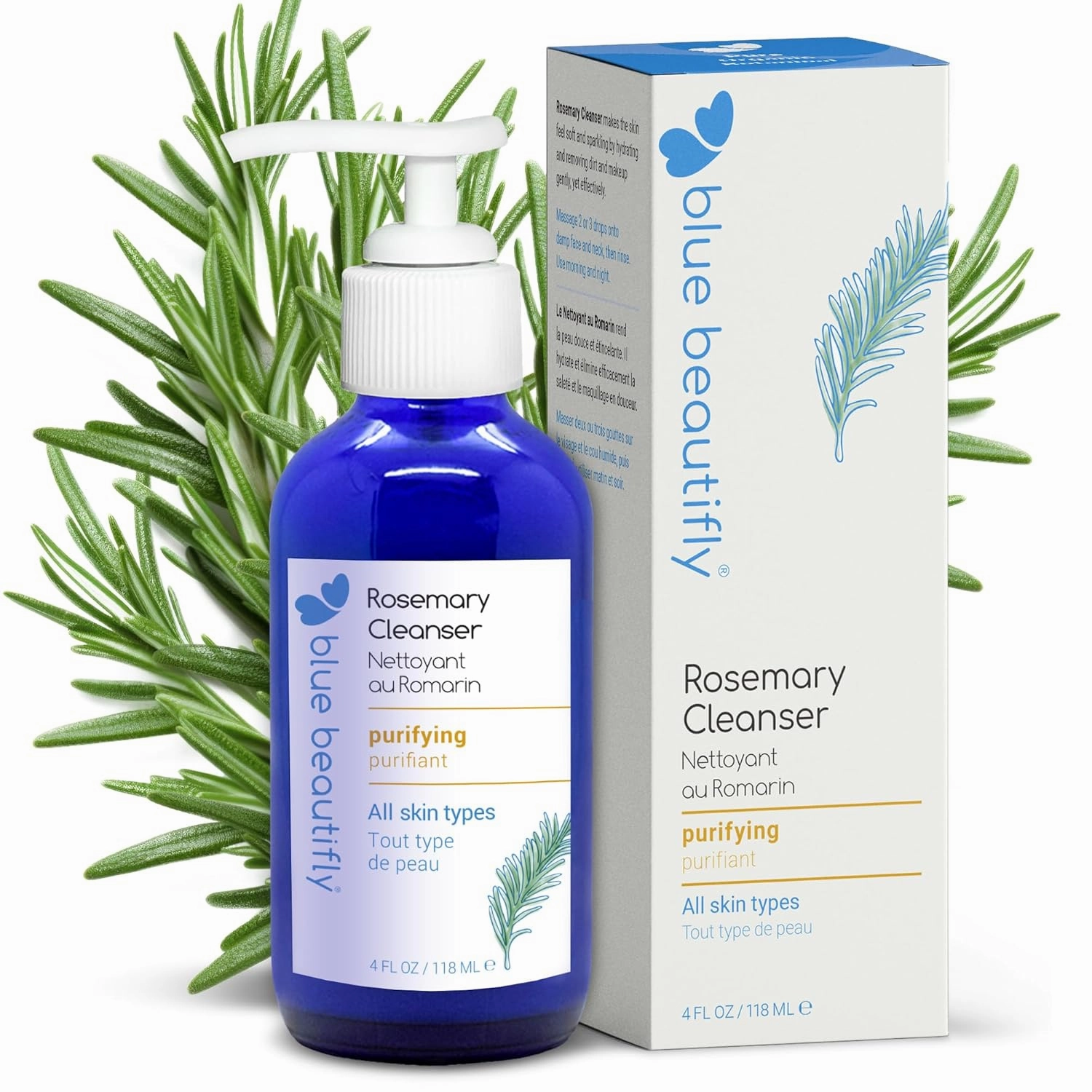 Blue Beautifly Rosemary Deep Pore Cleanser - Removes Dirt, Pollutants, & Makeup - No Sulfates, SLS, PEGs, Toxins, or Synthetics - Plant-based, Hypoallergenic, Dermatologically Tested - 4 fl oz