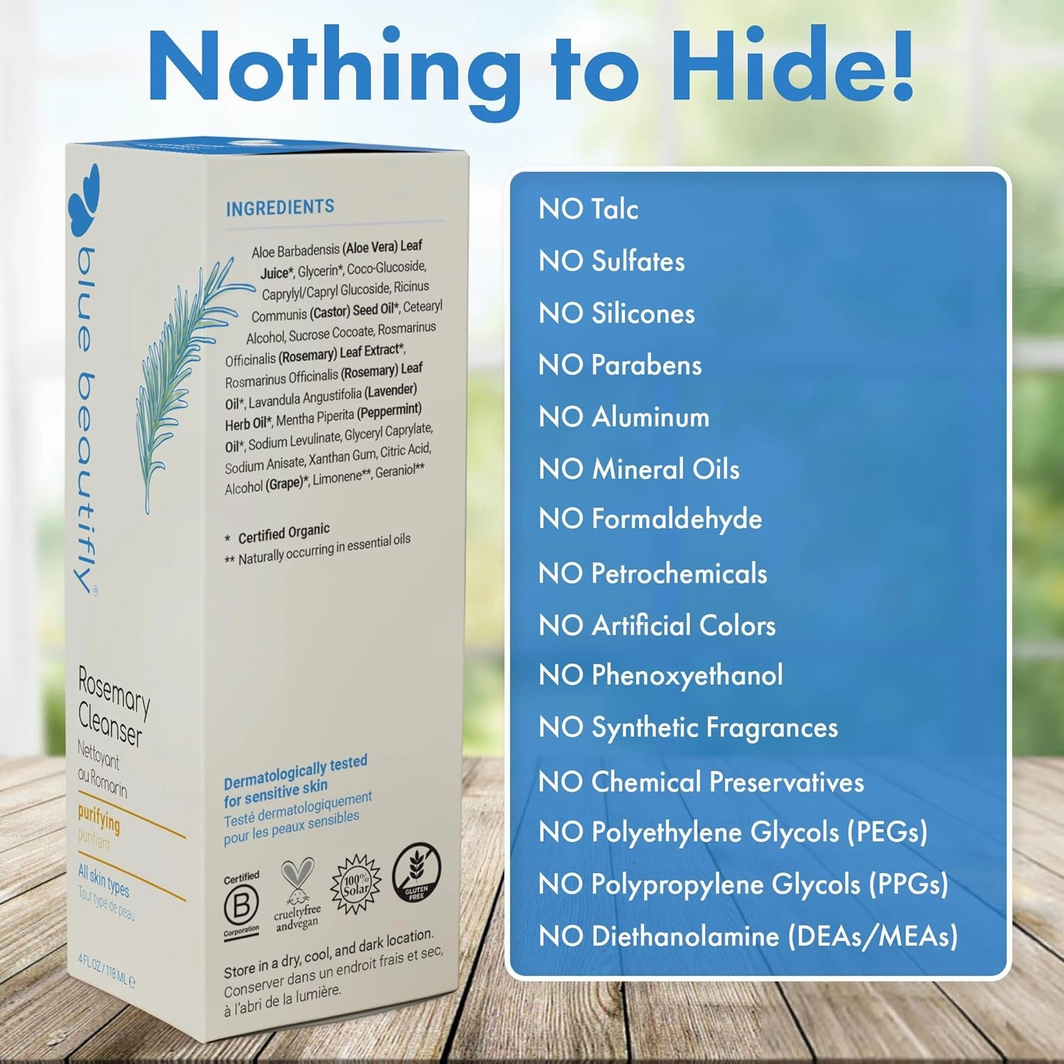 Blue Beautifly Rosemary Deep Pore Cleanser - Removes Dirt, Pollutants, & Makeup - No Sulfates, SLS, PEGs, Toxins, or Synthetics - Plant-based, Hypoallergenic, Dermatologically Tested - 4 fl oz