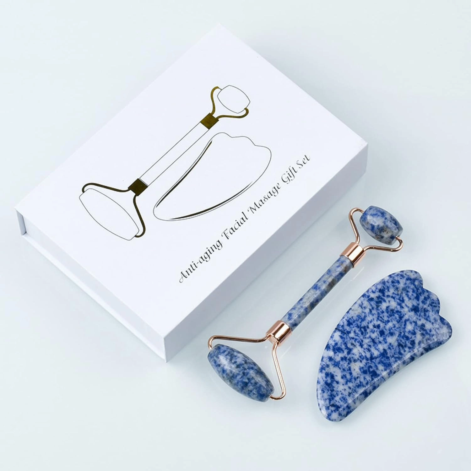 Blue Dot Stone Face Massage Roller Gouache Scraper Set Natural Gouache Stone Facial Jade Roller Massager Gua Sha Scraper Massage,Type G