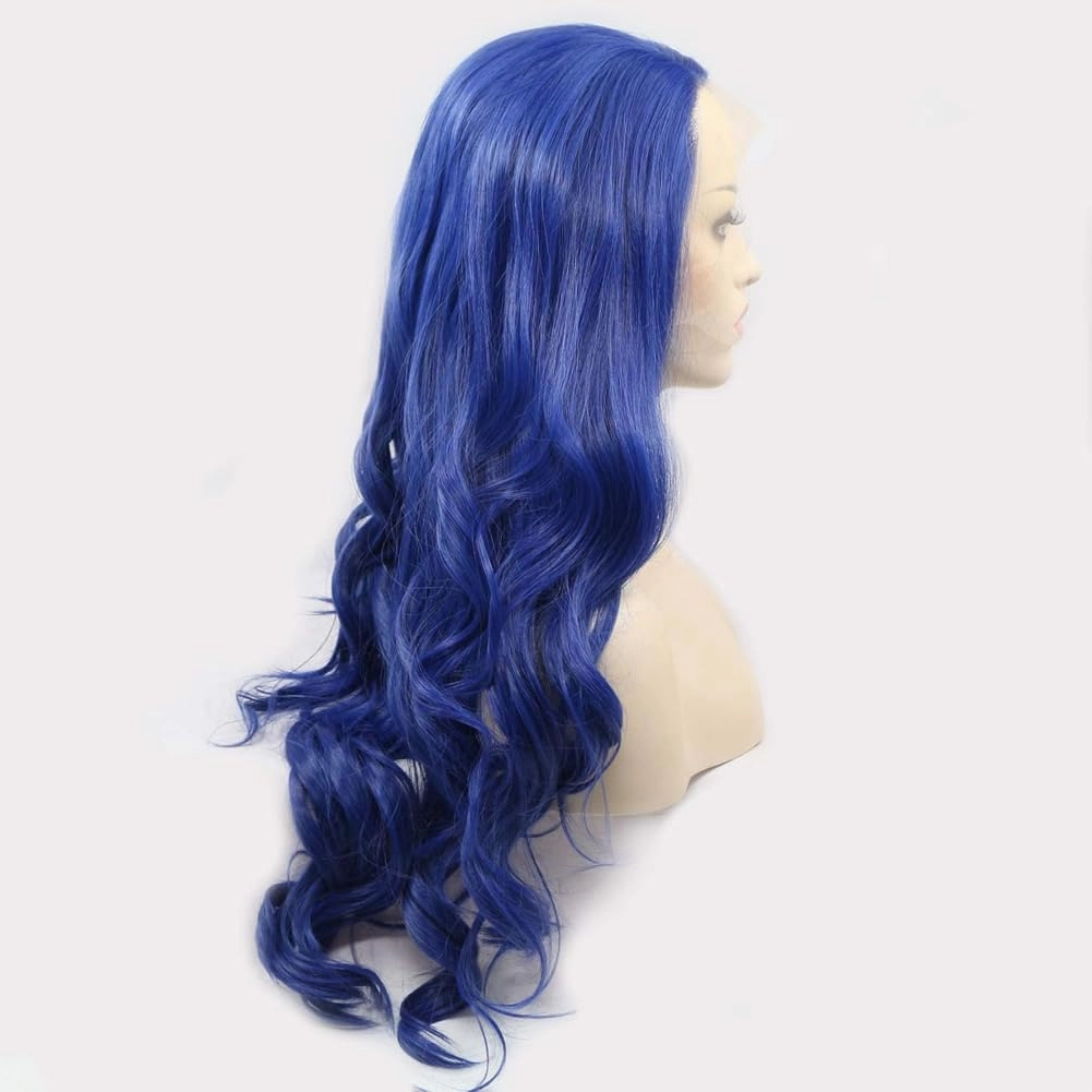 Blue lace Front Wig Long Wavy Dark Blue Middle Part Wig Pre Plucked Synthetic Replacement Hair Heat Resistant Fiber Daily Makeup Wigs for Women 24 Inch