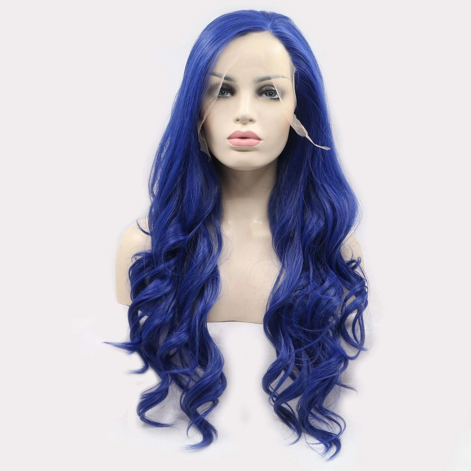 Blue lace Front Wig Long Wavy Dark Blue Middle Part Wig Pre Plucked Synthetic Replacement Hair Heat Resistant Fiber Daily Makeup Wigs for Women 24 Inch