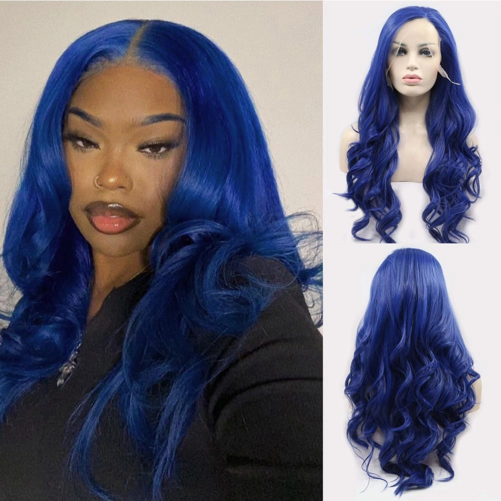 Blue lace Front Wig Long Wavy Dark Blue Middle Part Wig Pre Plucked Synthetic Replacement Hair Heat Resistant Fiber Daily Makeup Wigs for Women 24 Inch