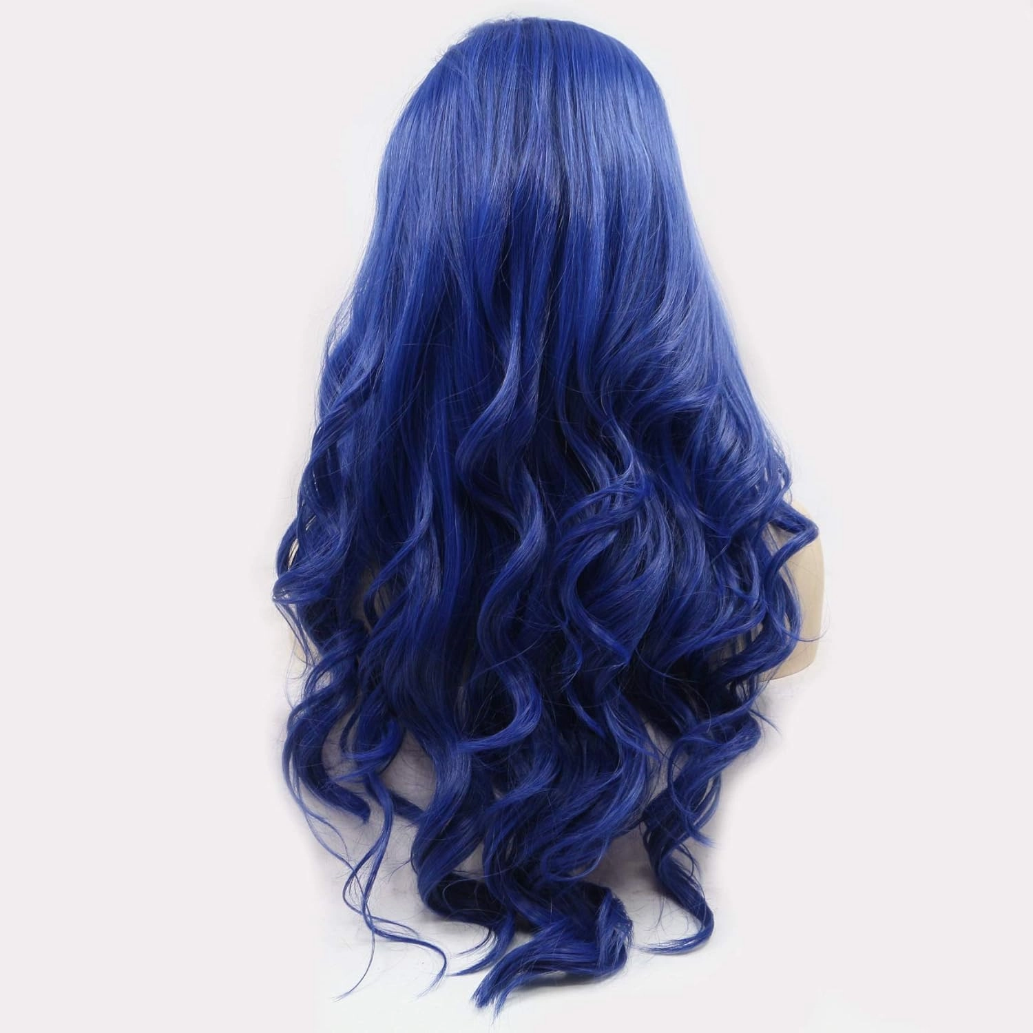 Blue lace Front Wig Long Wavy Dark Blue Middle Part Wig Pre Plucked Synthetic Replacement Hair Heat Resistant Fiber Daily Makeup Wigs for Women 24 Inch