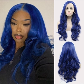 Blue lace Front Wig Long Wavy Dark Blue Middle Part Wig Pre Plucked Synthetic Replacement Hair Heat Resistant Fiber Daily Makeup Wigs for Women 24 Inch