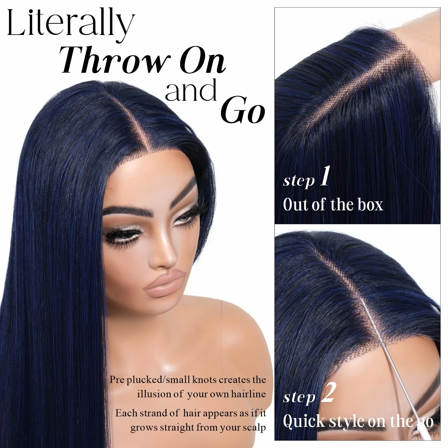 Blue Lace Front Wig Wear and Go Glueless Wig Pre Plueked Synthetic Lace Front Dark Blue Wig for women 26 Inch 13X5X1 HD Lace Wig Long Straight Middle Part Wig