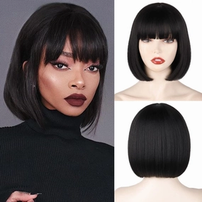 Bob Wig With Bangs - 8 Inch Peek-a-boo Color Short Bob Wig For Black Women Black Mix Brown Daily Costume Wigs, Light Yaki Straight Synthetic Hair Wigs Heat Resistant(8 Inch)