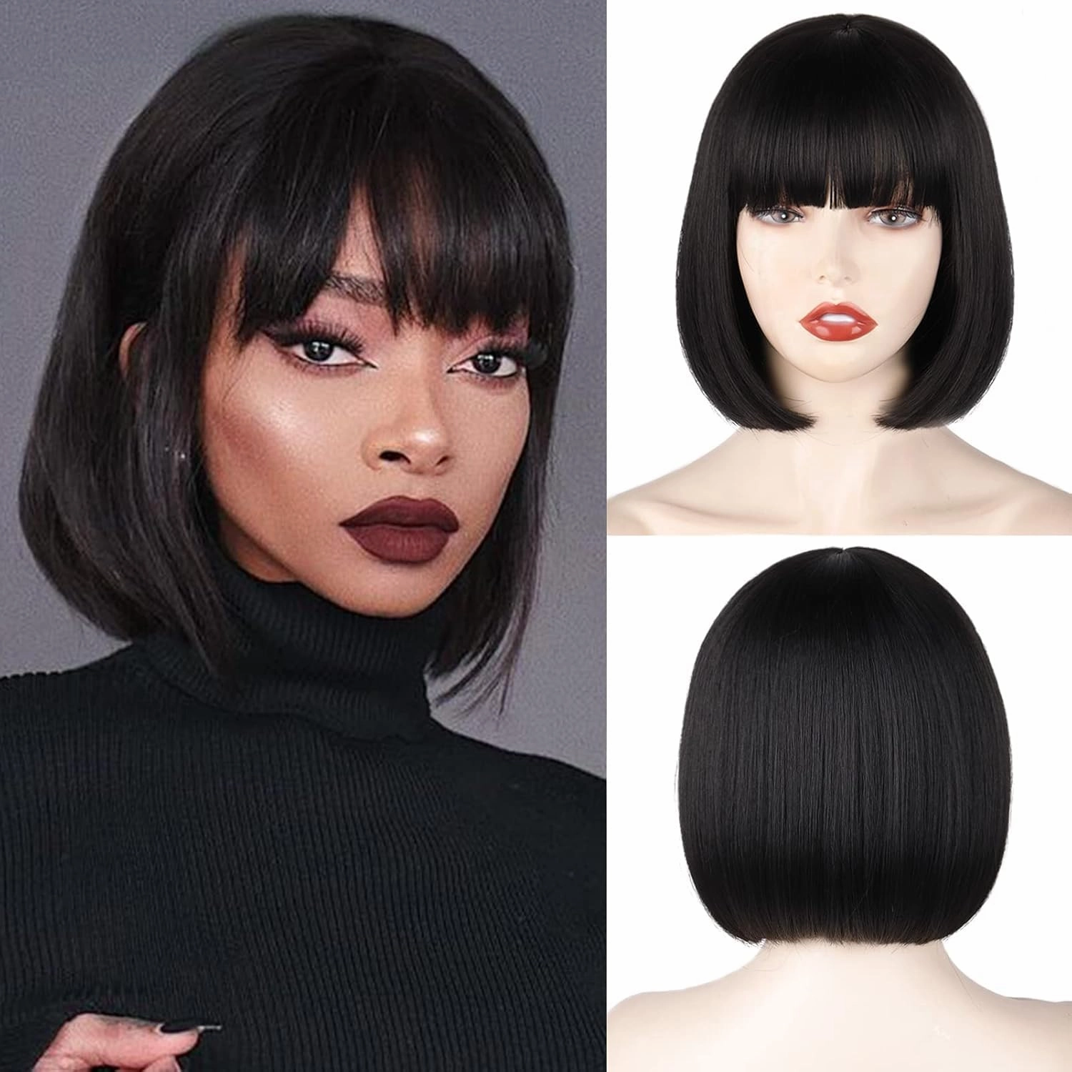 Bob Wig With Bangs - 8 Inch Peek-a-boo Color Short Bob Wig For Black Women Black Mix Brown Daily Costume Wigs, Light Yaki Straight Synthetic Hair Wigs Heat Resistant(8 Inch)