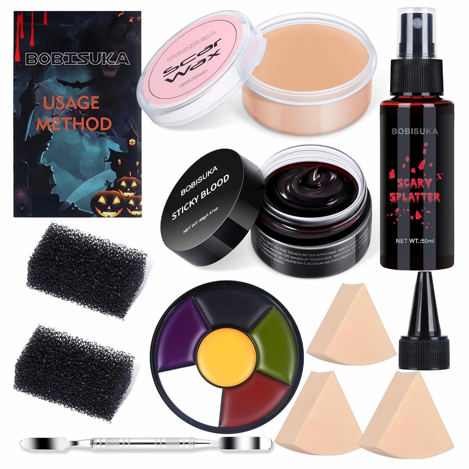 BOBISUKA Demonic Special Effects SFX Halloween Makeup Kit - 5 Colors Bruise Makeup Face Body Painting Palette   Scar Wax with Spatula Tool   Fake Blood Splatter Spray   Fake Blood Cream  Stipple Spong