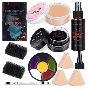 BOBISUKA Demonic Special Effects SFX Halloween Makeup Kit - 5 Colors Bruise Makeup Face Body Painting Palette   Scar Wax with Spatula Tool   Fake Blood Splatter Spray   Fake Blood Cream  Stipple Spong
