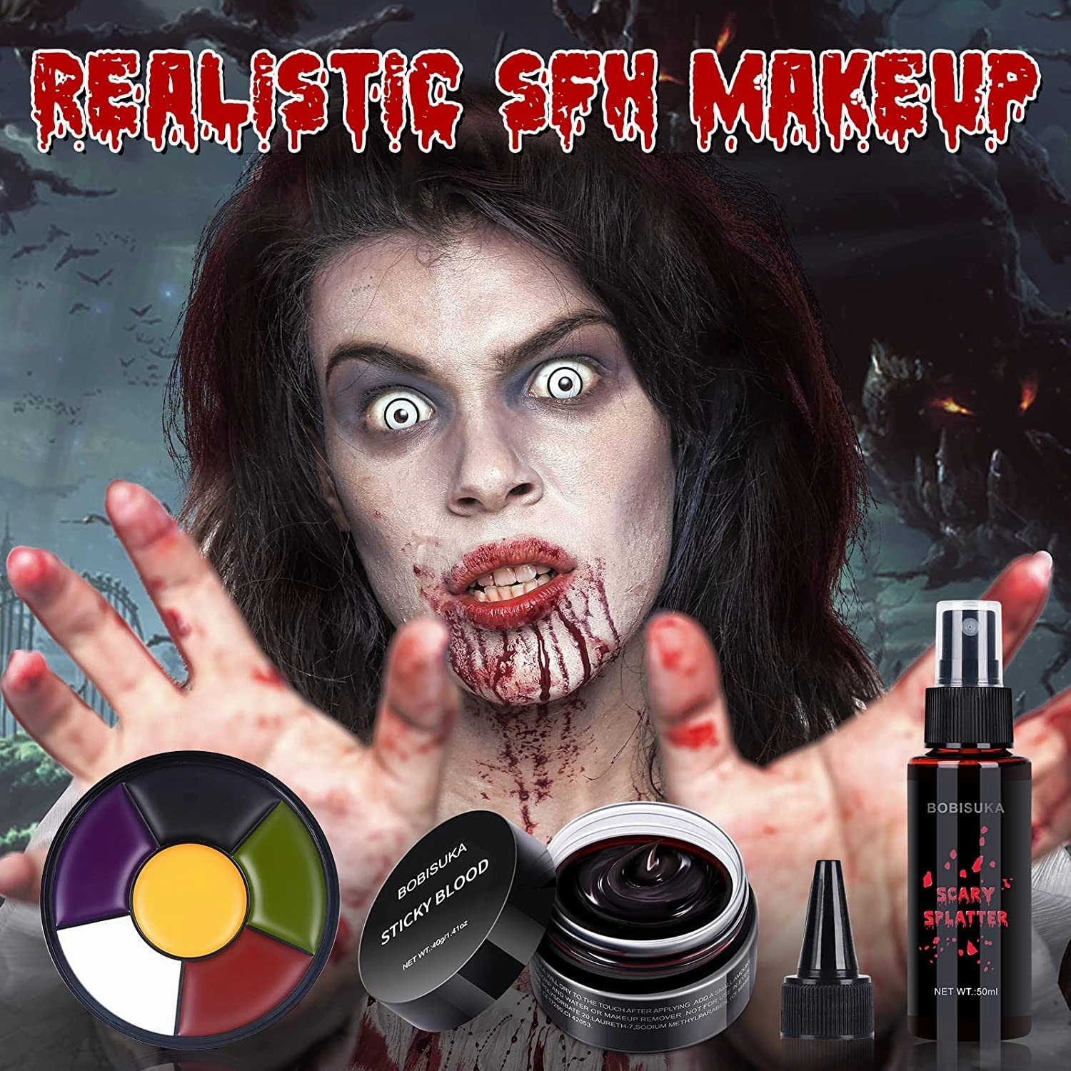 BOBISUKA Demonic Special Effects SFX Halloween Makeup Kit - 5 Colors Bruise Makeup Face Body Painting Palette   Scar Wax with Spatula Tool   Fake Blood Splatter Spray   Fake Blood Cream  Stipple Spong