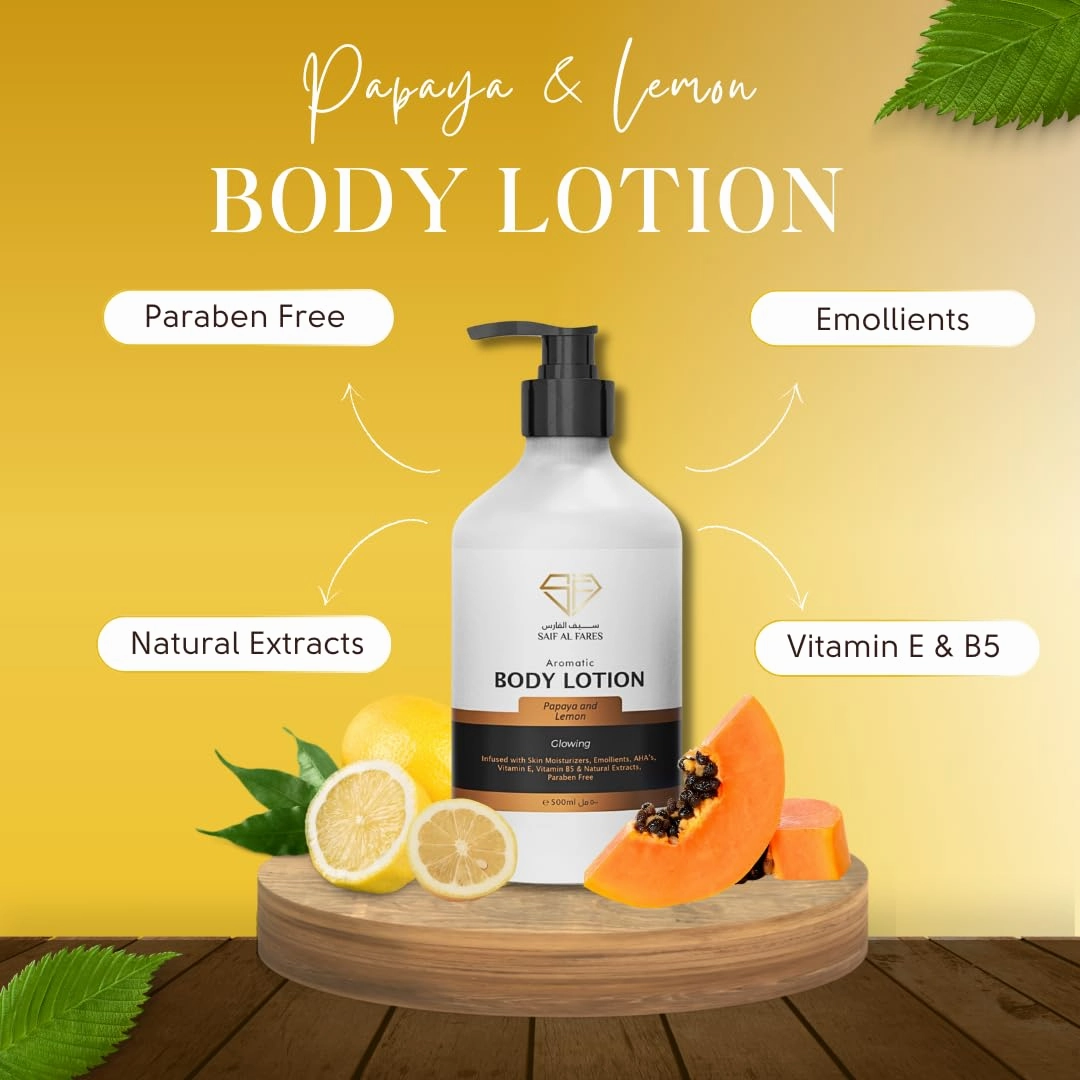 Body Lotion Alcohol Free and Paraben Free Skin Moisturizer made with Emollients, Vitamin E, Vitamin B5 & Natural Extracts 16.9 Fl Oz (16.9 Fl Oz (Pack of 1), Papaya & Lemon)