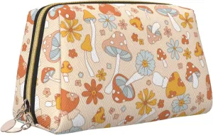 Boho Retro 70s 60s Hippie Mushrooms Large Travel Makeup Bag Pouch Cosmetic Bags Toiletry Bag for Women Vintage Cute Flower Floral Leather Waterproof Makeup Organizer Bag