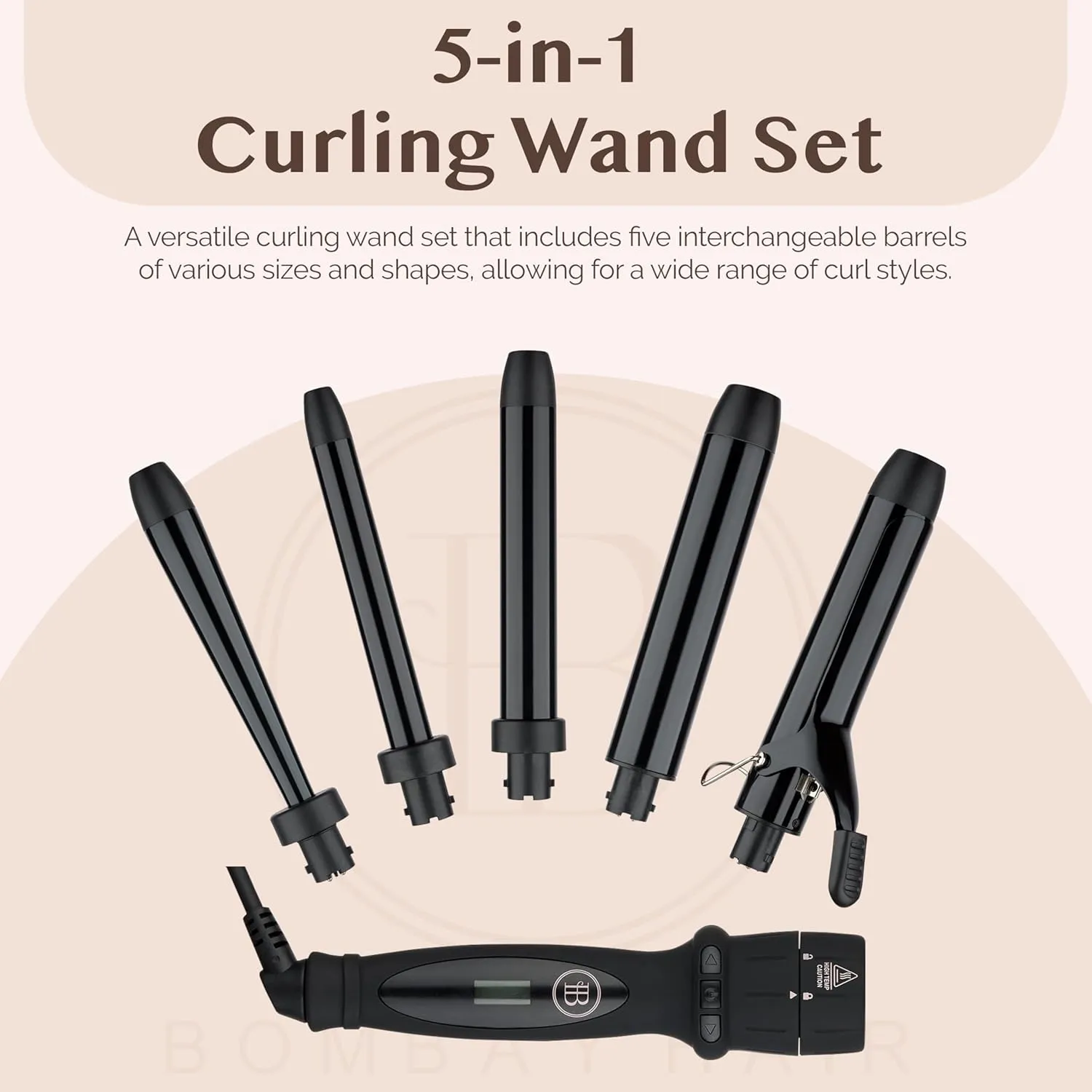 Bombay Hair Curling Wand Set 5 in 1 Curling Wand, Professional Curling Iron Tourmaline Kit & Salon Beauty Tools Interchangeable - Heat Resistant Glove & Temperature Control