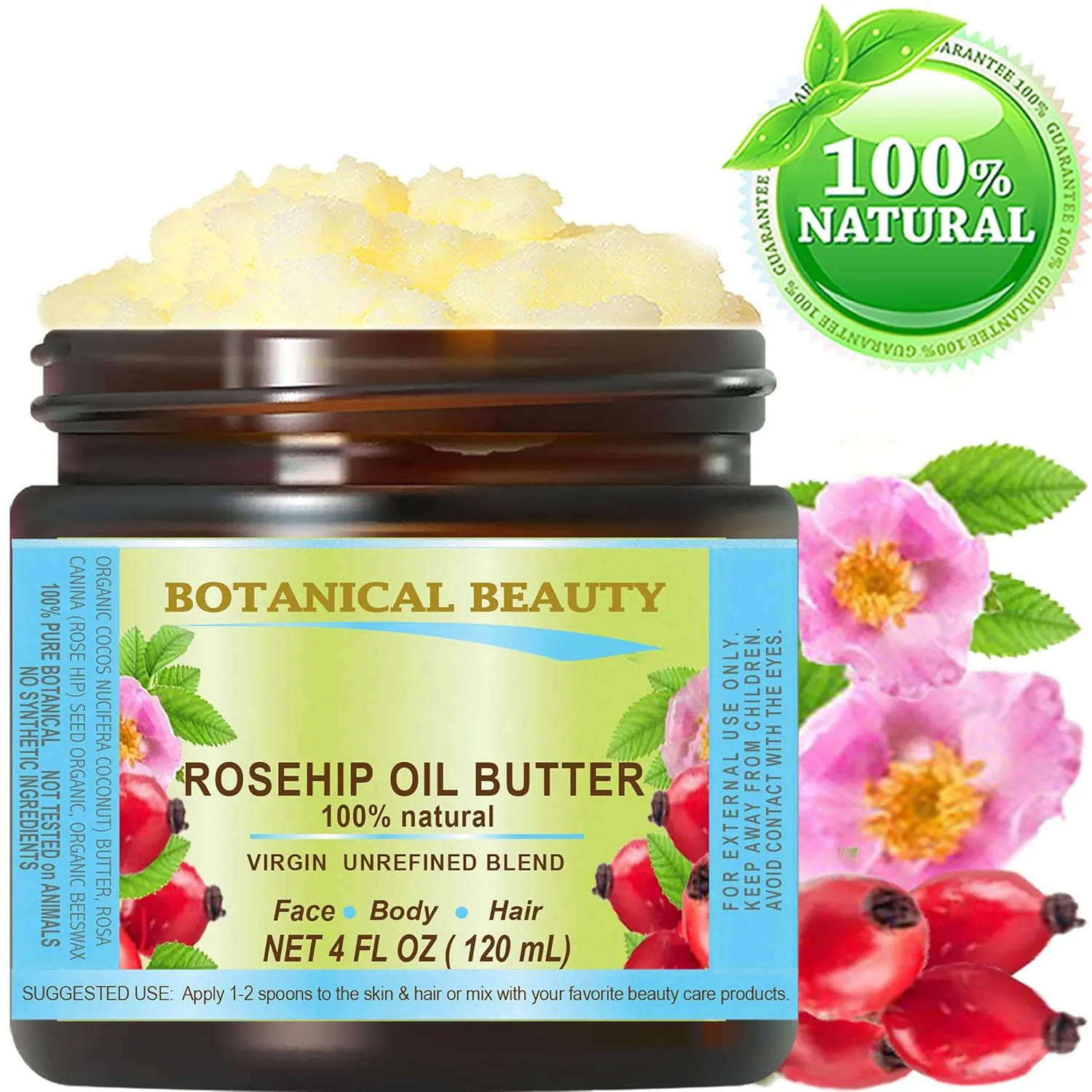 Botanical Beauty ROSEHIP OIL BUTTER ROSE HIP 100% Natural Pure Virgin Unrefined RAW Cold Pressed for FACE, SKIN, BODY, DAMAGED HAIR, NAILS. Rich in vitamin E 4 Fl Oz 120 ml