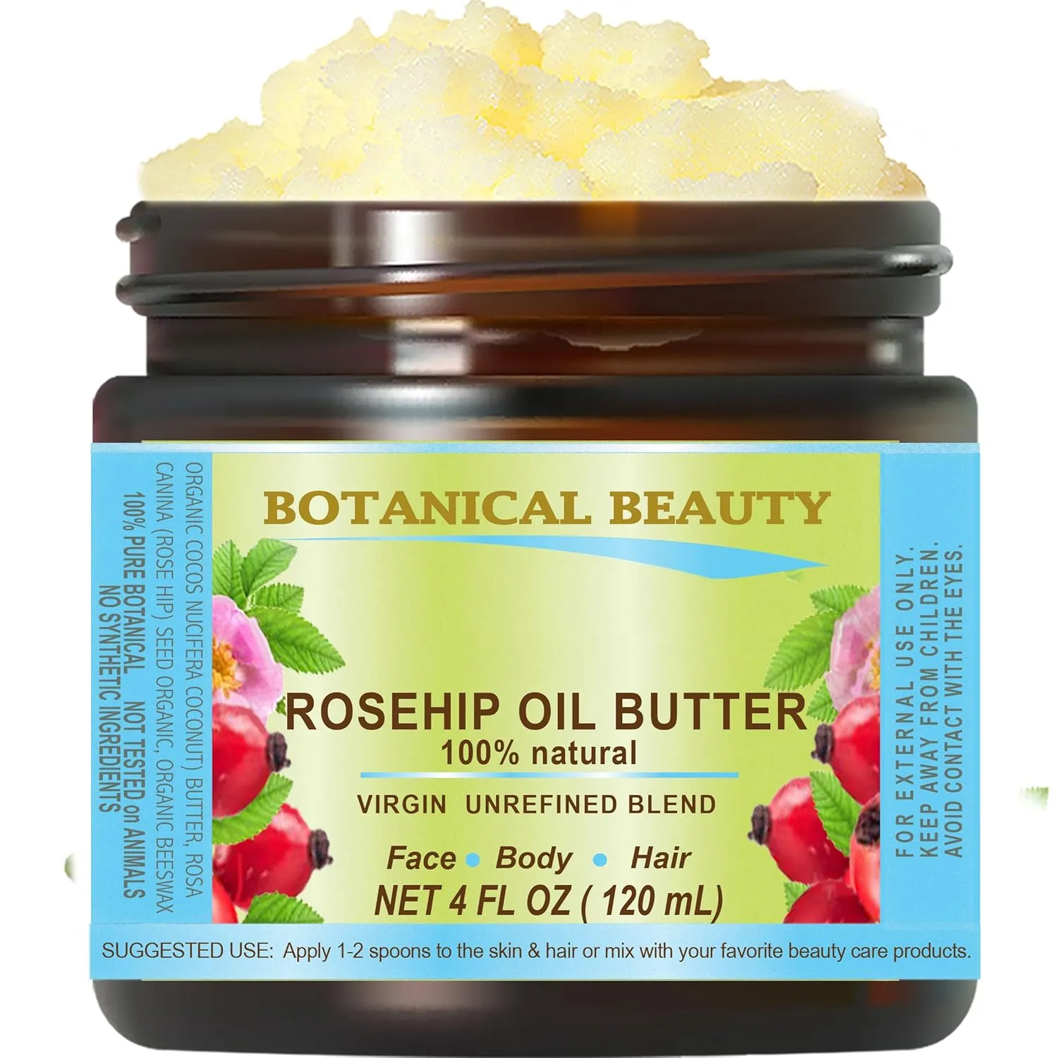 Botanical Beauty ROSEHIP OIL BUTTER ROSE HIP 100% Natural Pure Virgin Unrefined RAW Cold Pressed for FACE, SKIN, BODY, DAMAGED HAIR, NAILS. Rich in vitamin E 4 Fl Oz 120 ml