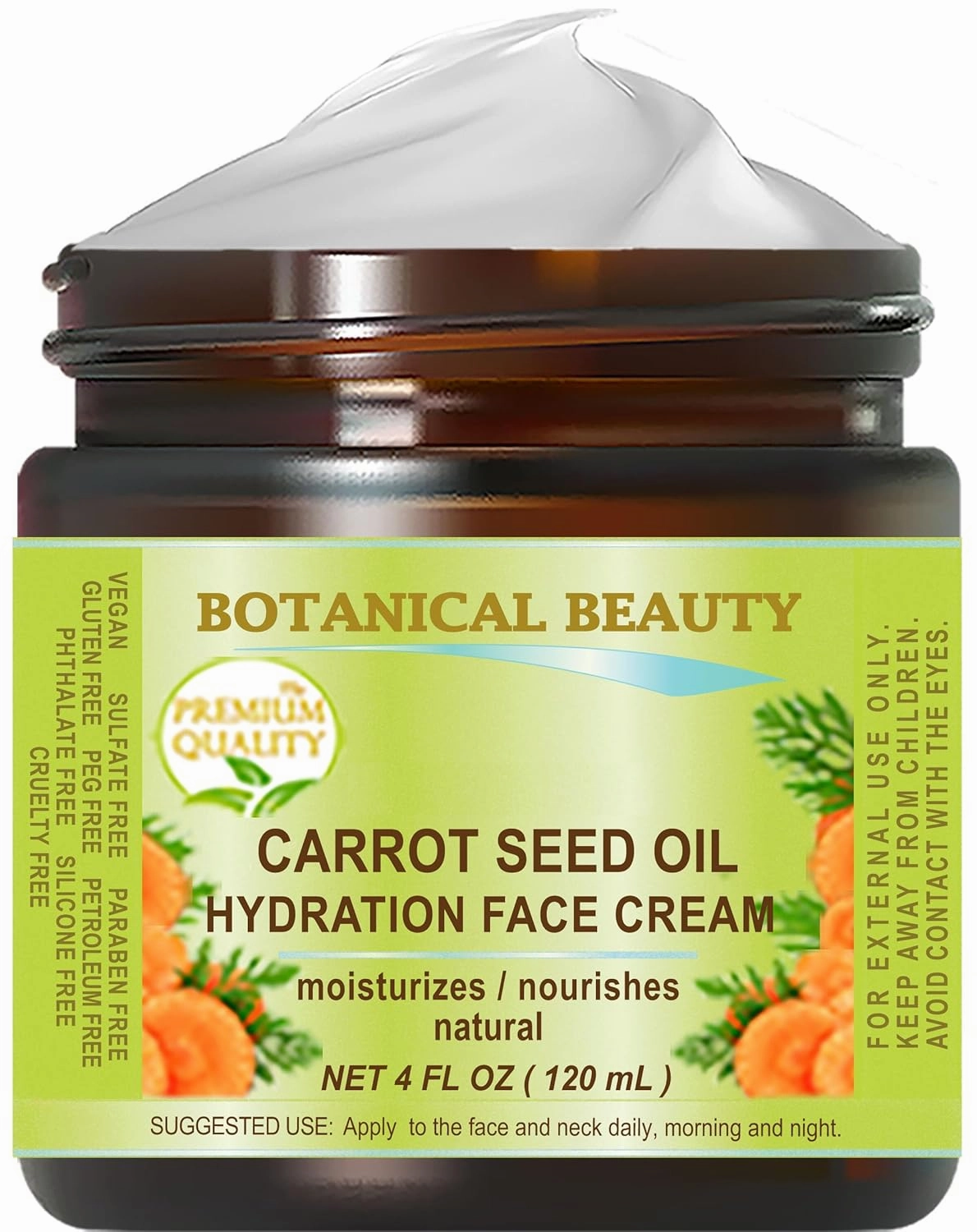 Botanical Beauty Organic CARROT SEED OIL HYDRATION FACE CREAM for NORMAL, DRY, SENSITIVE SKIN. Protection Against DRYNESS. 4 Fl. oz - 120 ml.