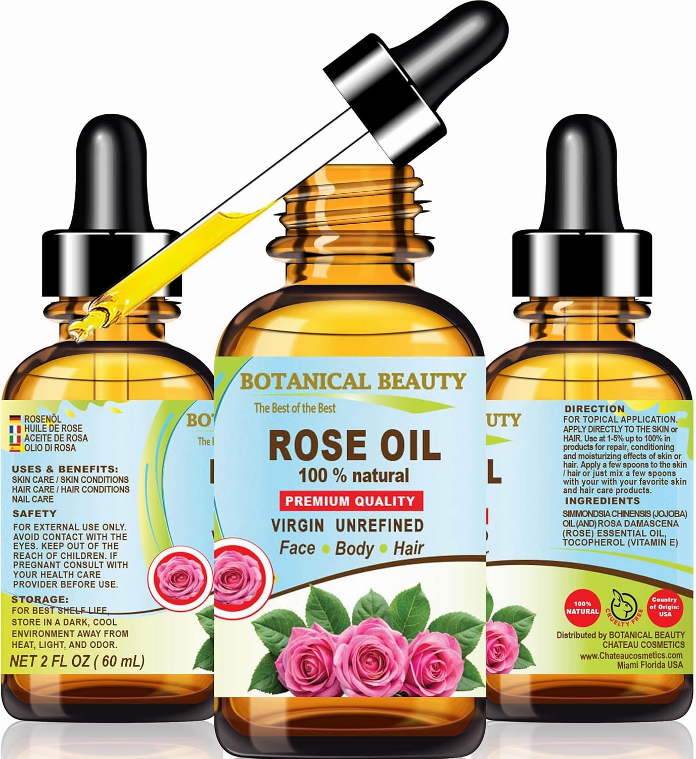 Botanical Beauty Rose Oil Rosa Damascena 100% Natural 2 Fl oz - 60 ml Rose Essential Oil for FACE, Skin, Body, Hair, Nails Beauty Oil, Skin Moisturizer Oil, Nourishing Oil, Perfume, Soap Making