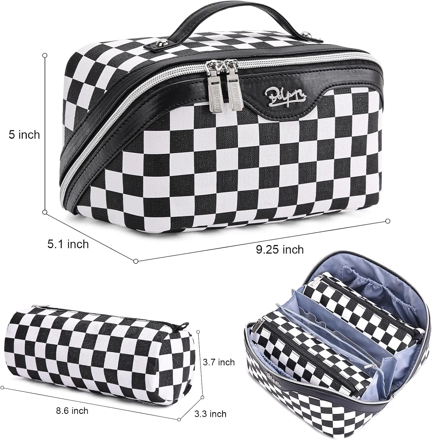 BOYATU Travel Makeup Bag Cosmetic Bags for Women: Large Make up Bags Set of 3 - Portable Makeup Organizer with Compartments&Handle&Divider - Waterproof PU Leather Toiletry Bag(Checkered Mix Black)