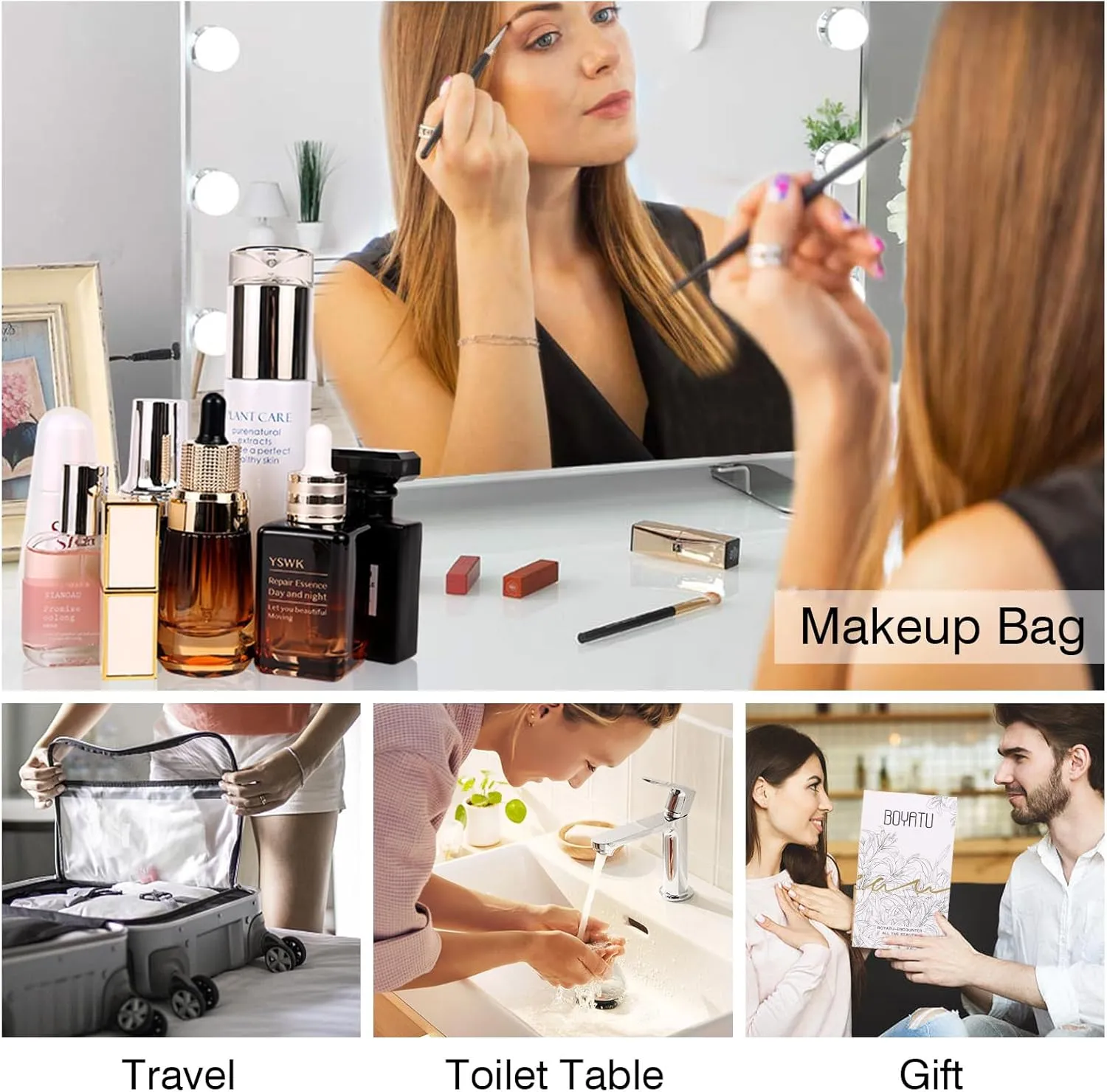 BOYATU Travel Makeup Bag Organizer Cosmetic Bag: 3 Pcs Set Make up Bags for Women with Handle - Waterproof Vegan Leather Toiletry Bags with Comparments (C-02-Black)